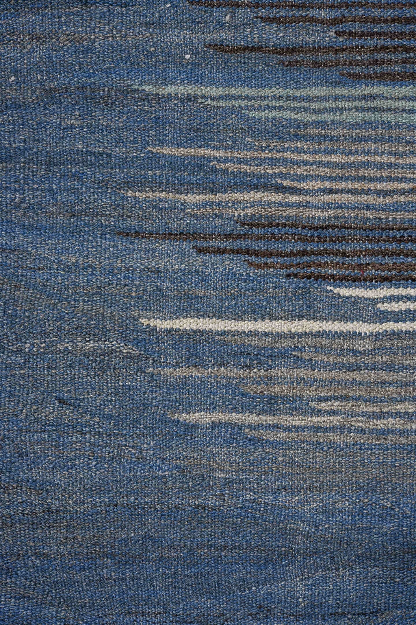 12' x 15' one-of-a-kind handmade vintage Kilim oversize rug. Color palette: blue, charcoal, ivory, crimson, blush, aqua