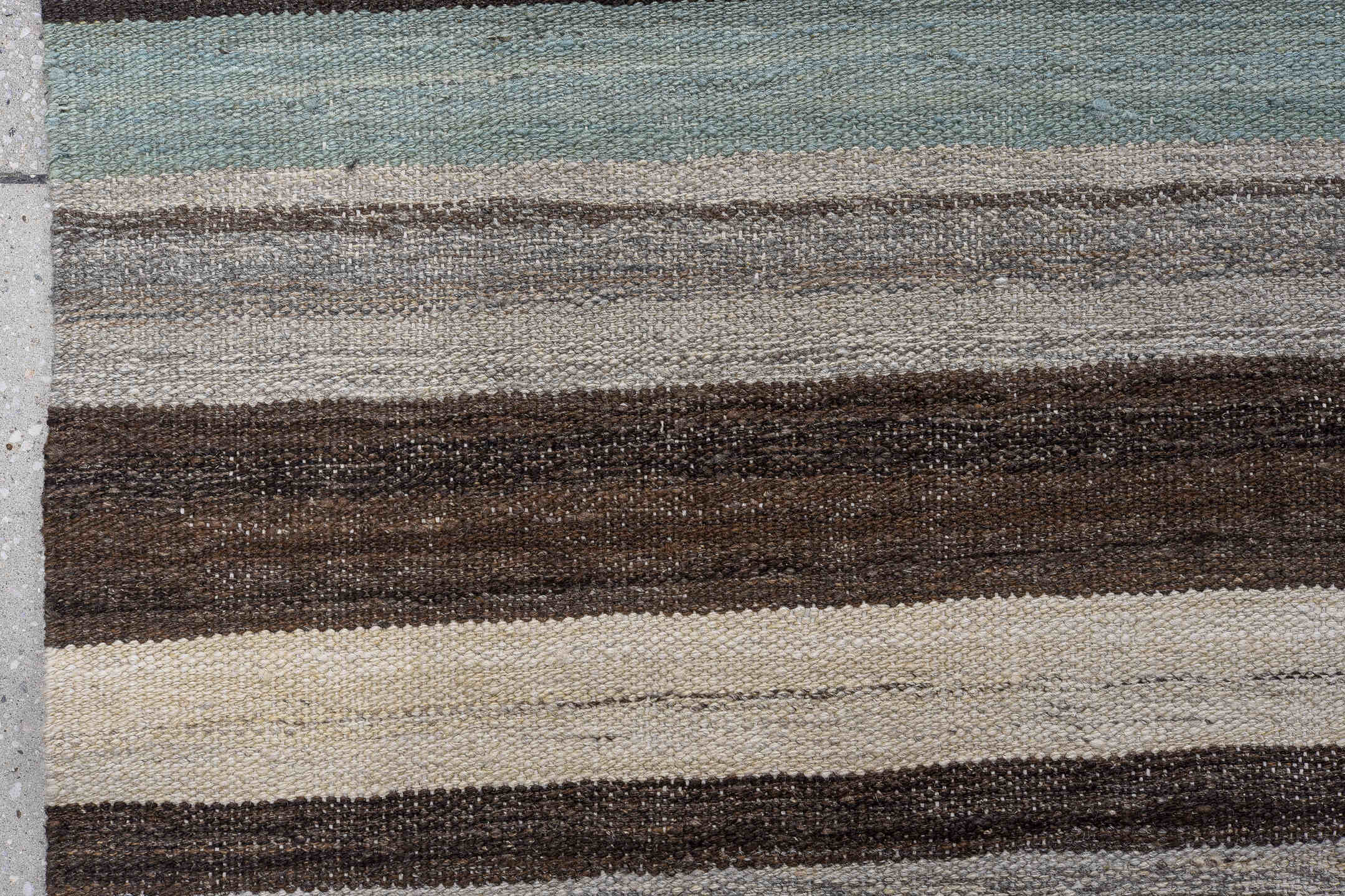 12' x 15' one-of-a-kind handmade vintage Kilim oversize rug. Color palette: blue, charcoal, ivory, crimson, blush, aqua