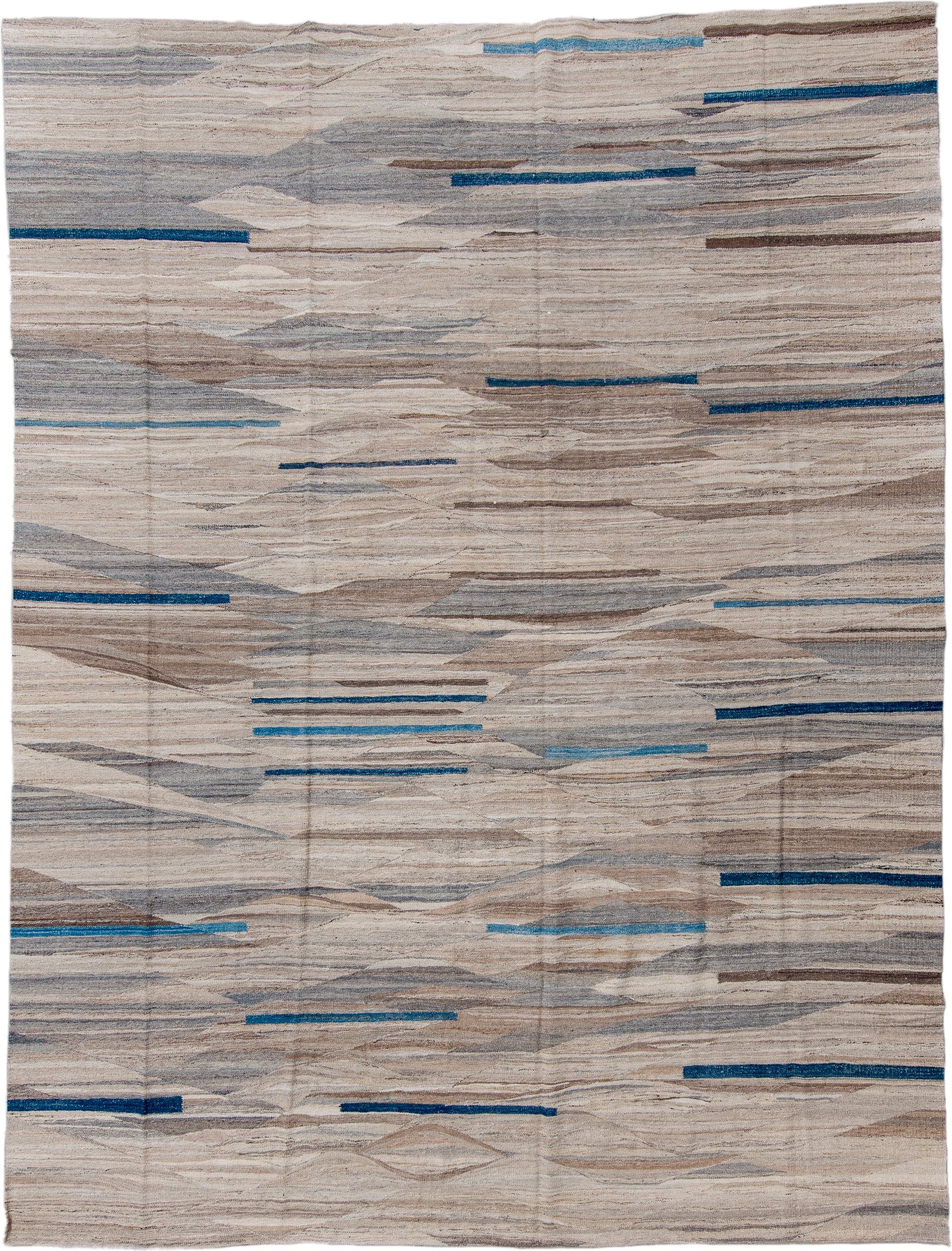 10' x 13' one-of-a-kind handmade vintage Kilim oversize rug. Color palette: ivory, taupe, gray, brown, blue, slate, beige