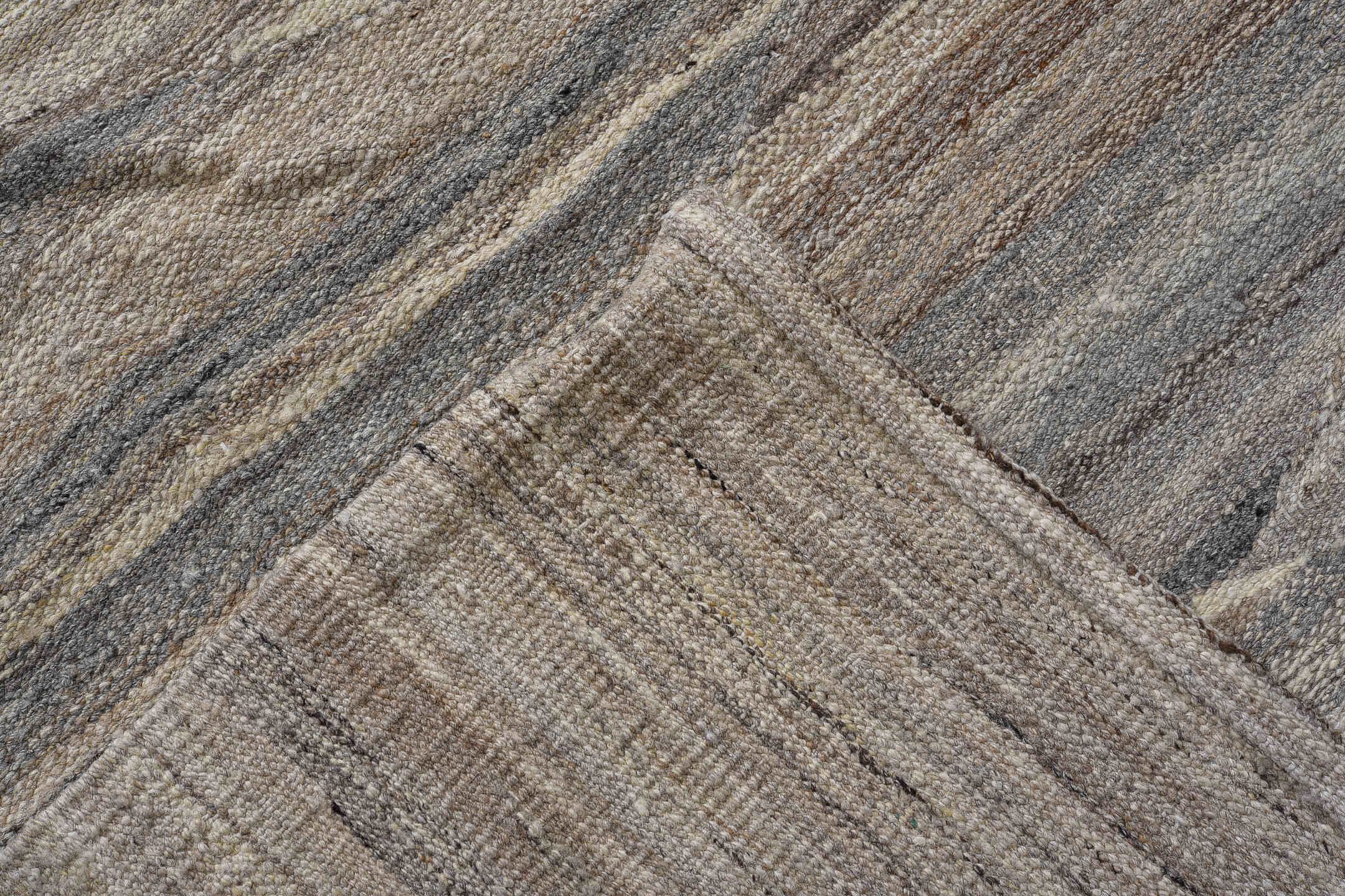10' x 13' one-of-a-kind handmade vintage Kilim oversize rug. Color palette: ivory, taupe, gray, brown, blue, slate, beige
