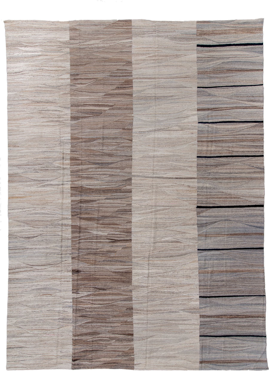14' x 19' one-of-a-kind handmade vintage Kilim oversize rug. Color palette: ivory, taupe, gray, charcoal, cream, beige