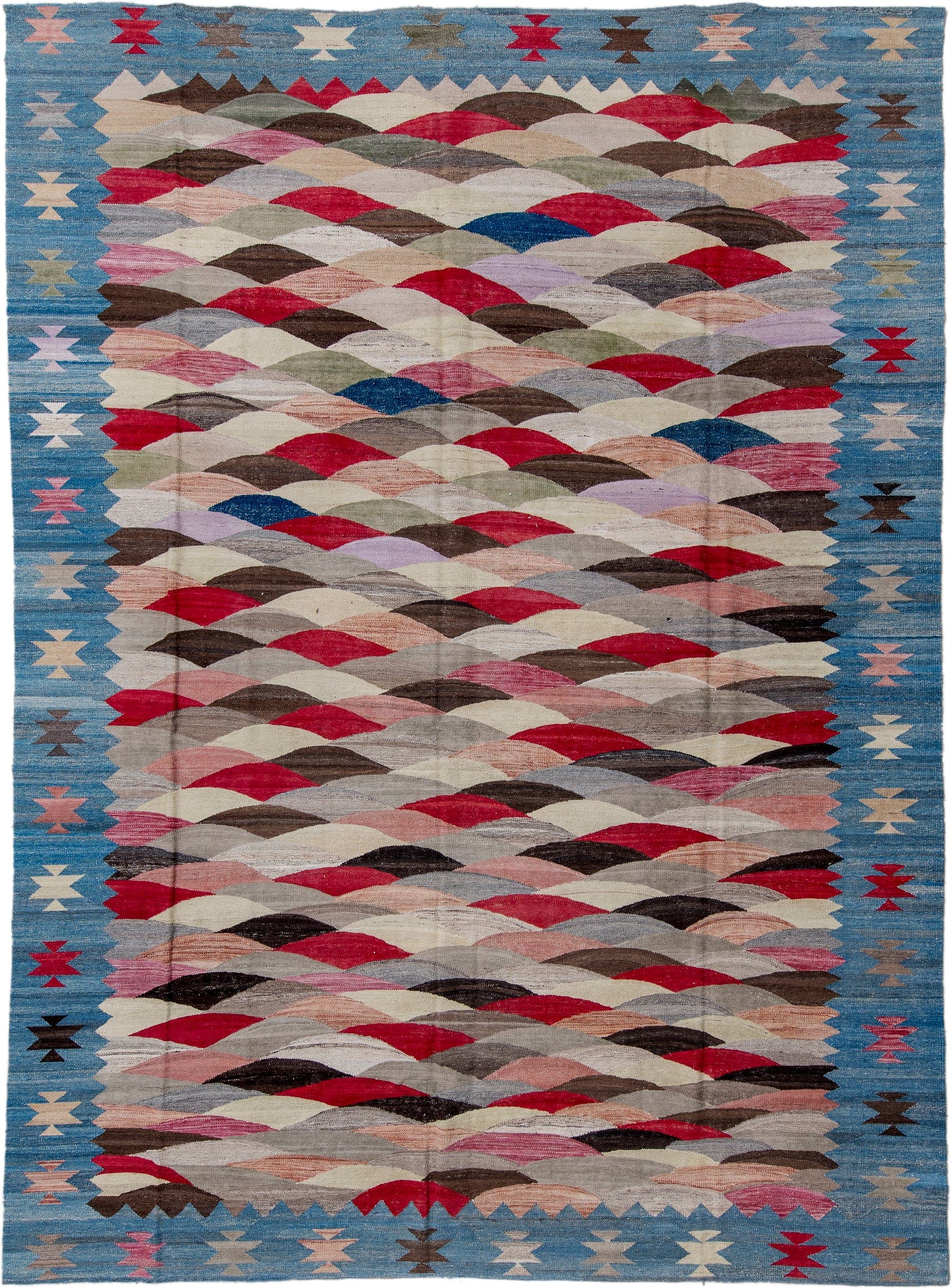 10' x 13' one-of-a-kind handmade vintage Kilim large size rug. Color palette: sky blue, ivory, rose, crimson, taupe, brown