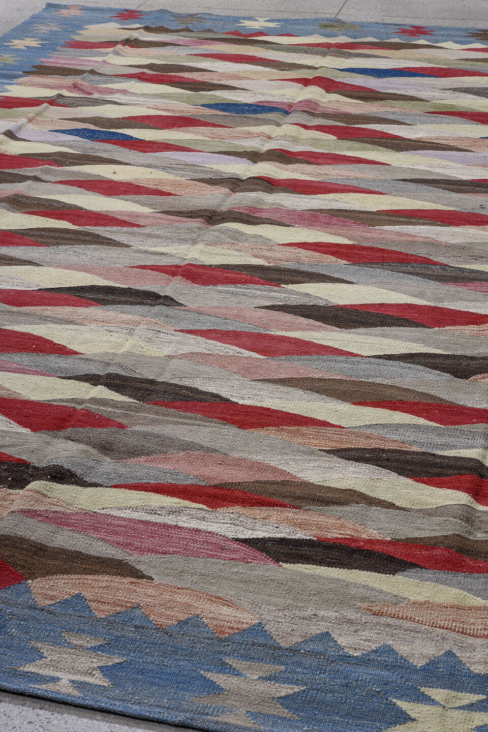 10' x 13' one-of-a-kind handmade vintage Kilim large size rug. Color palette: sky blue, ivory, rose, crimson, taupe, brown