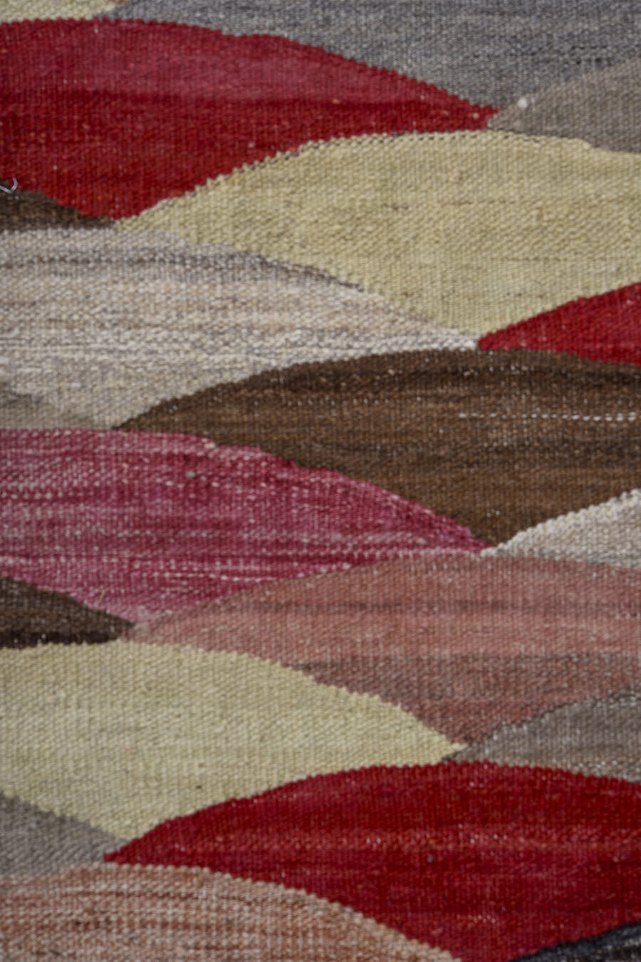 10' x 13' one-of-a-kind handmade vintage Kilim large size rug. Color palette: sky blue, ivory, rose, crimson, taupe, brown
