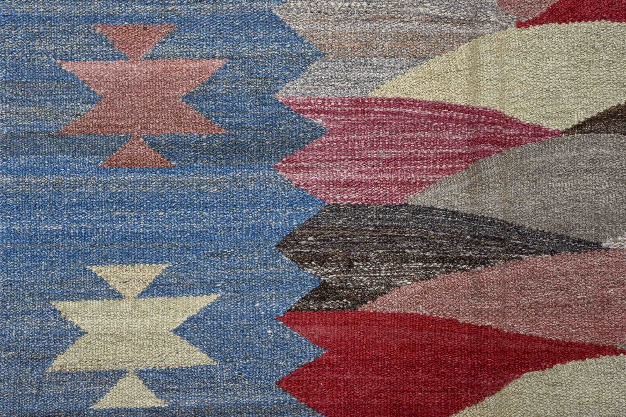 10' x 13' one-of-a-kind handmade vintage Kilim large size rug. Color palette: sky blue, ivory, rose, crimson, taupe, brown