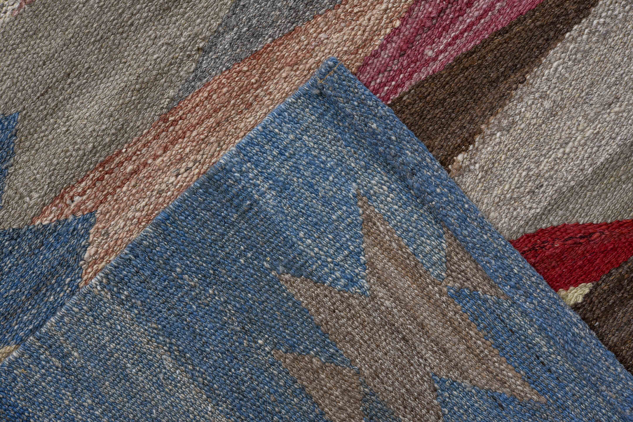 10' x 13' one-of-a-kind handmade vintage Kilim large size rug. Color palette: sky blue, ivory, rose, crimson, taupe, brown