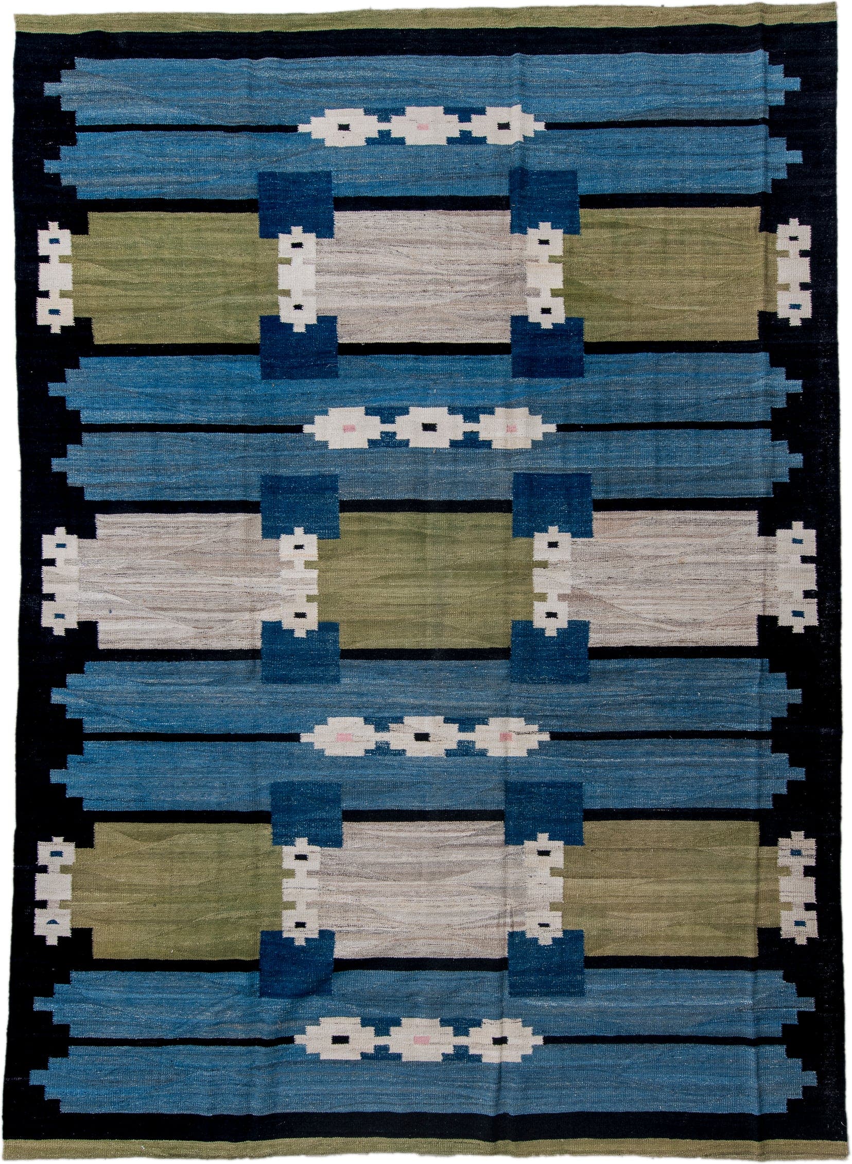 9' x 13' one-of-a-kind handmade vintage Kilim large size rug. Color palette: blue, navy, olive, ivory, black, blush, green