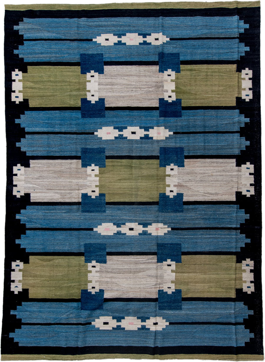 9' x 13' one-of-a-kind handmade vintage Kilim large size rug. Color palette: blue, navy, olive, ivory, black, blush, green