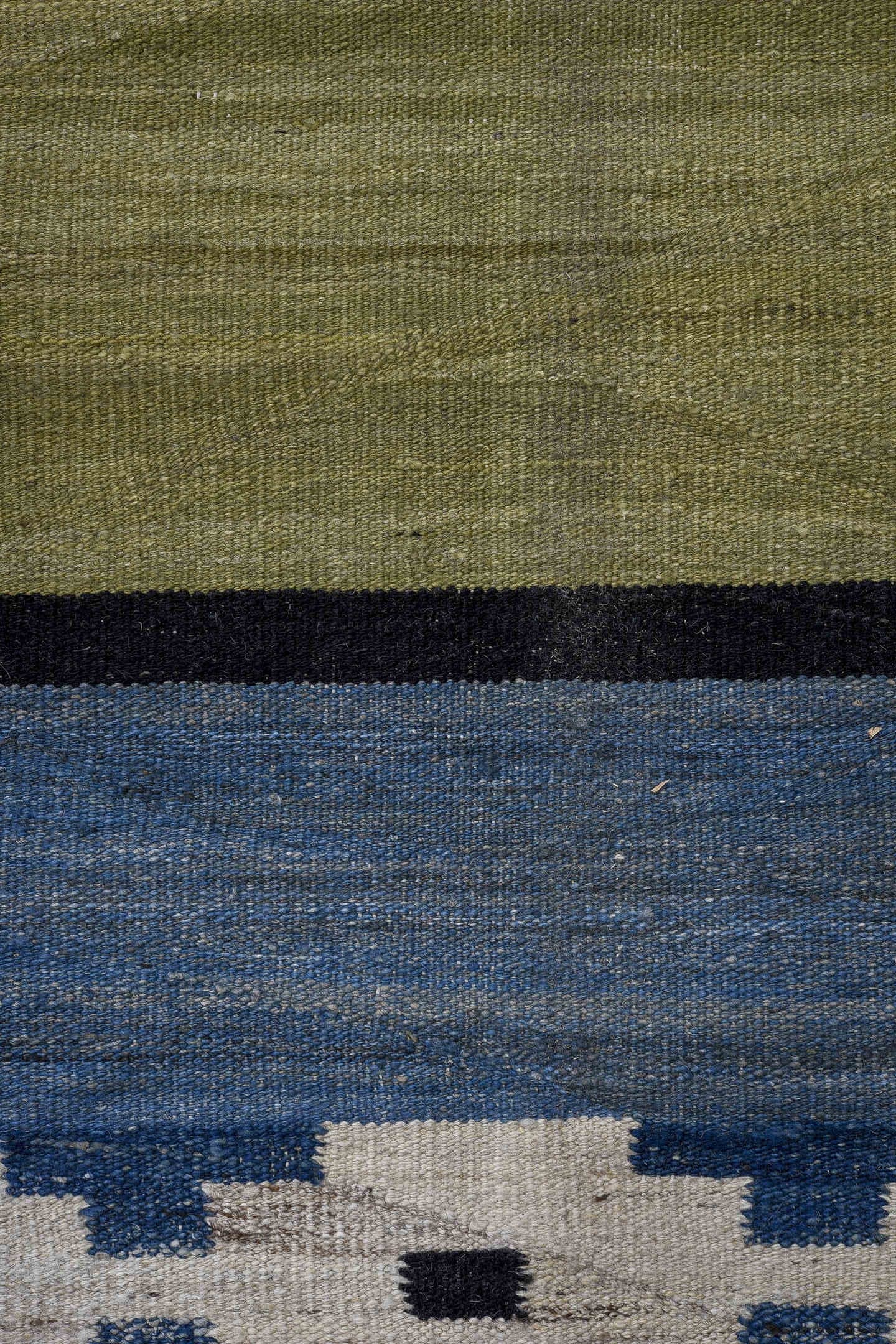 9' x 13' one-of-a-kind handmade vintage Kilim large size rug. Color palette: blue, navy, olive, ivory, black, blush, green
