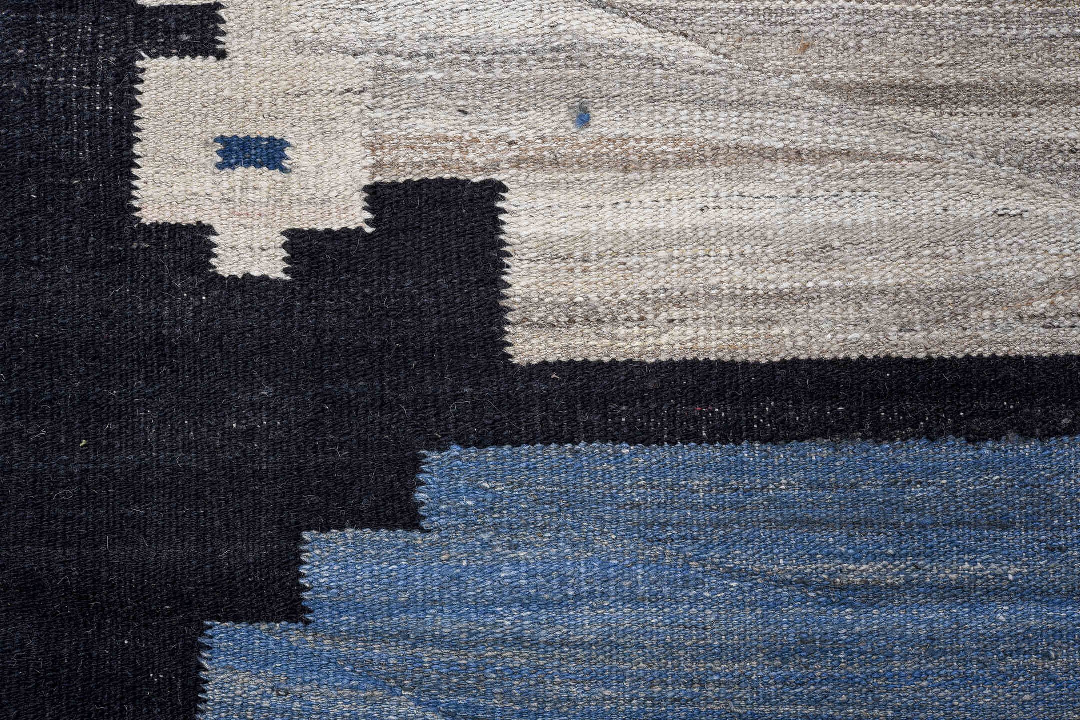 9' x 13' one-of-a-kind handmade vintage Kilim large size rug. Color palette: blue, dark gray, fiord, gray, light gray