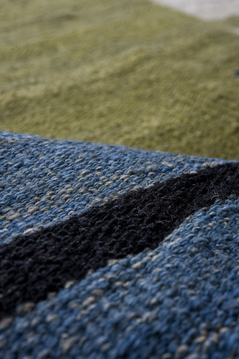 9' x 13' one-of-a-kind handmade vintage Kilim large size rug. Color palette: blue, dark gray, fiord, gray, light gray