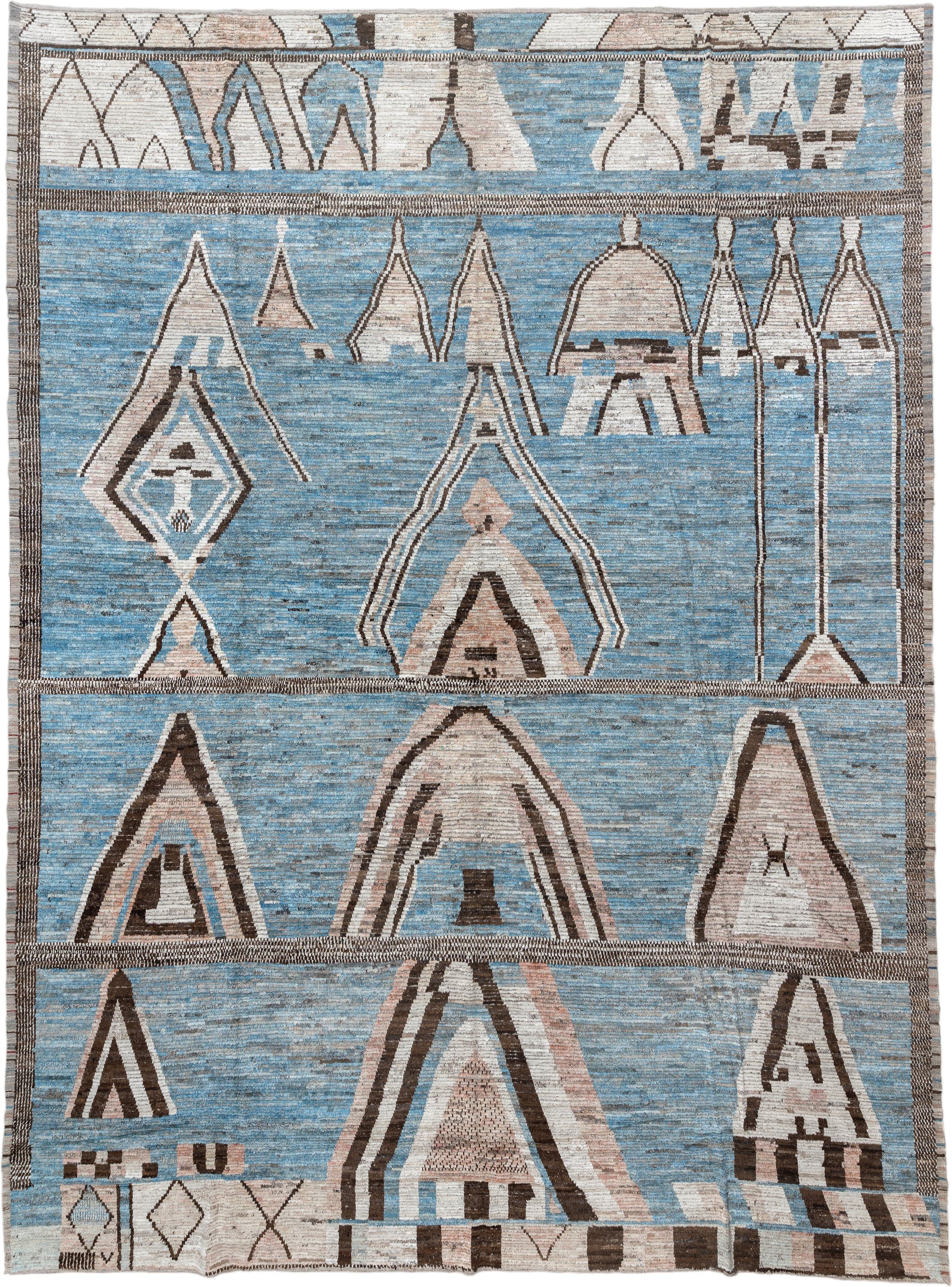 14' x 19' one-of-a-kind handmade vintage Tulu oversize rug. Color palette: sky blue, ivory, charcoal, taupe, blush