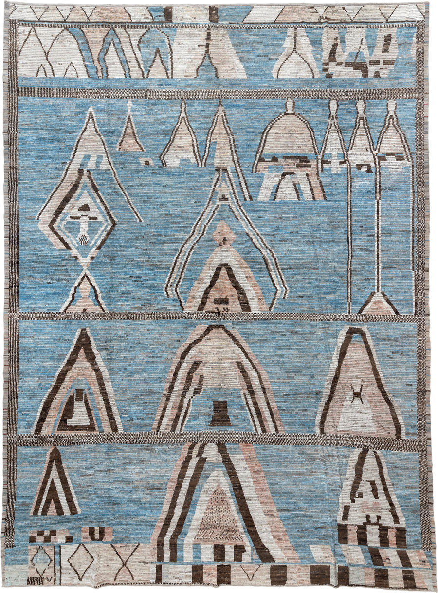 14' x 19' one-of-a-kind handmade vintage Tulu oversize rug. Color palette: sky blue, ivory, charcoal, taupe, blush