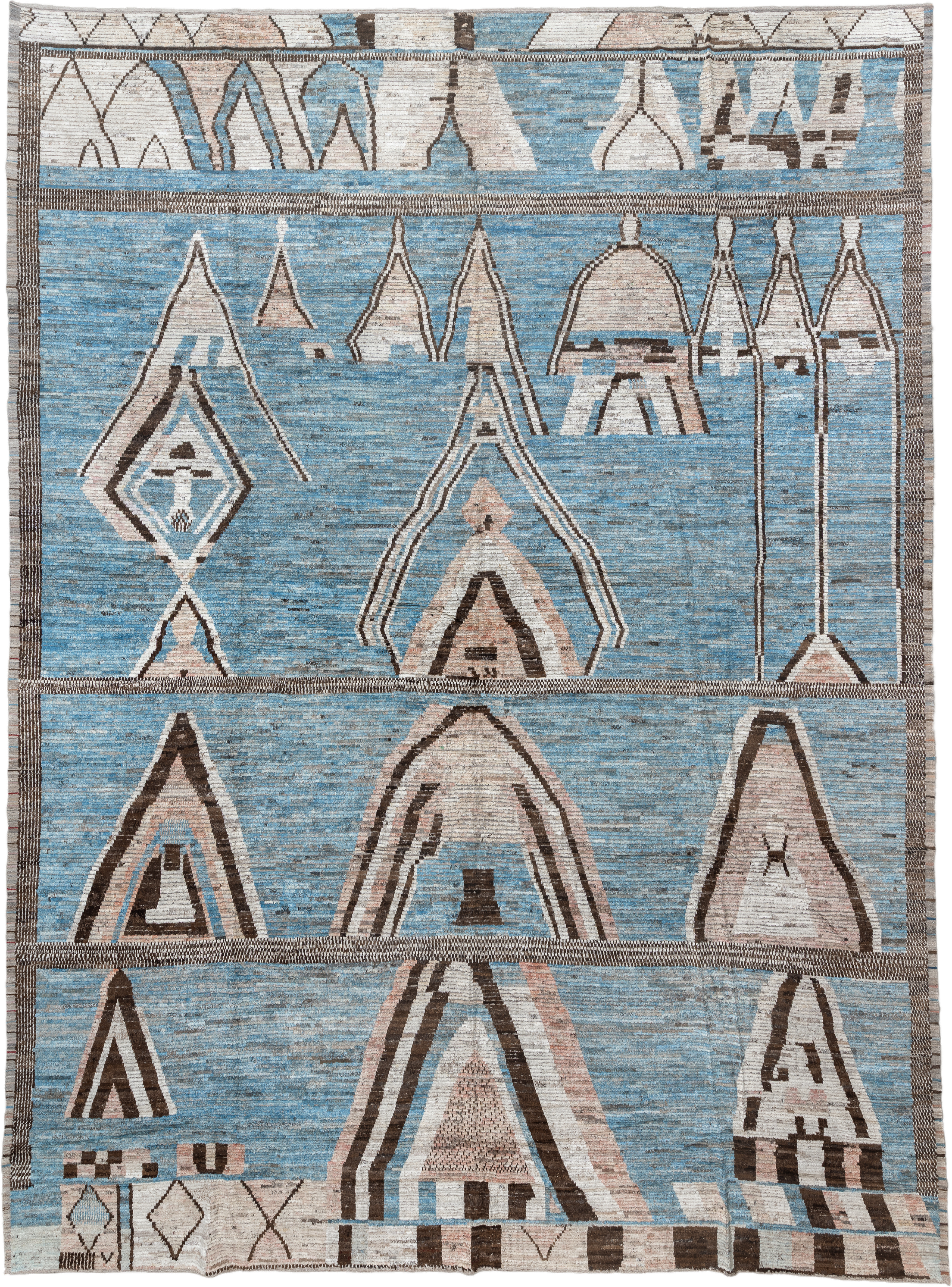 14' x 19' one-of-a-kind handmade vintage Tulu oversize rug. Color palette: sky blue, ivory, charcoal, taupe, blush