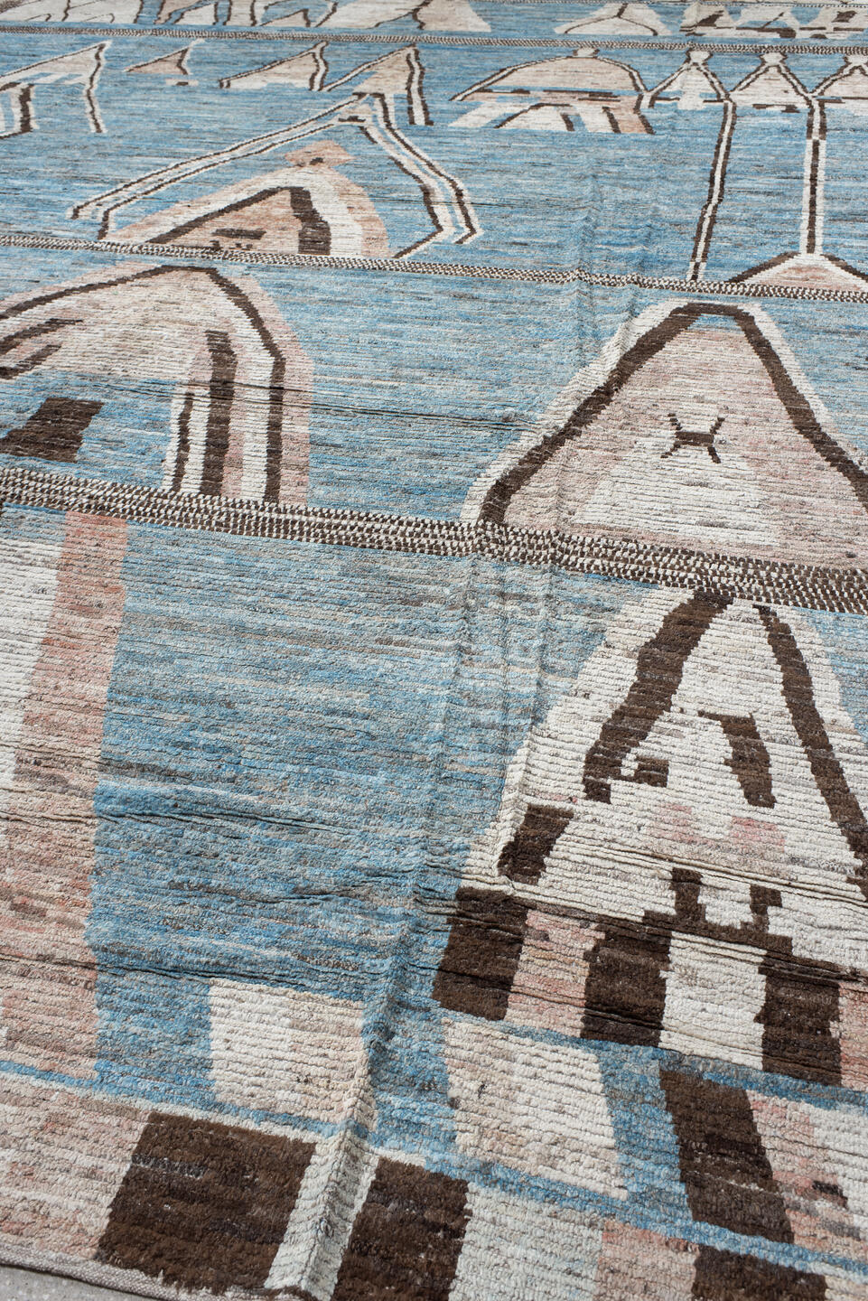 14' x 19' one-of-a-kind handmade vintage Tulu oversize rug. Color palette: sky blue, ivory, charcoal, taupe, blush