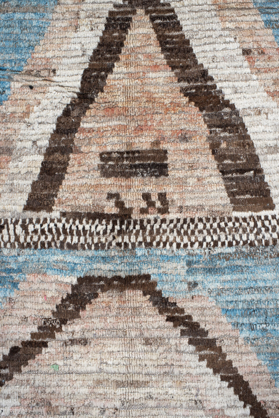14' x 19' one-of-a-kind handmade vintage Tulu oversize rug. Color palette: sky blue, ivory, charcoal, taupe, blush