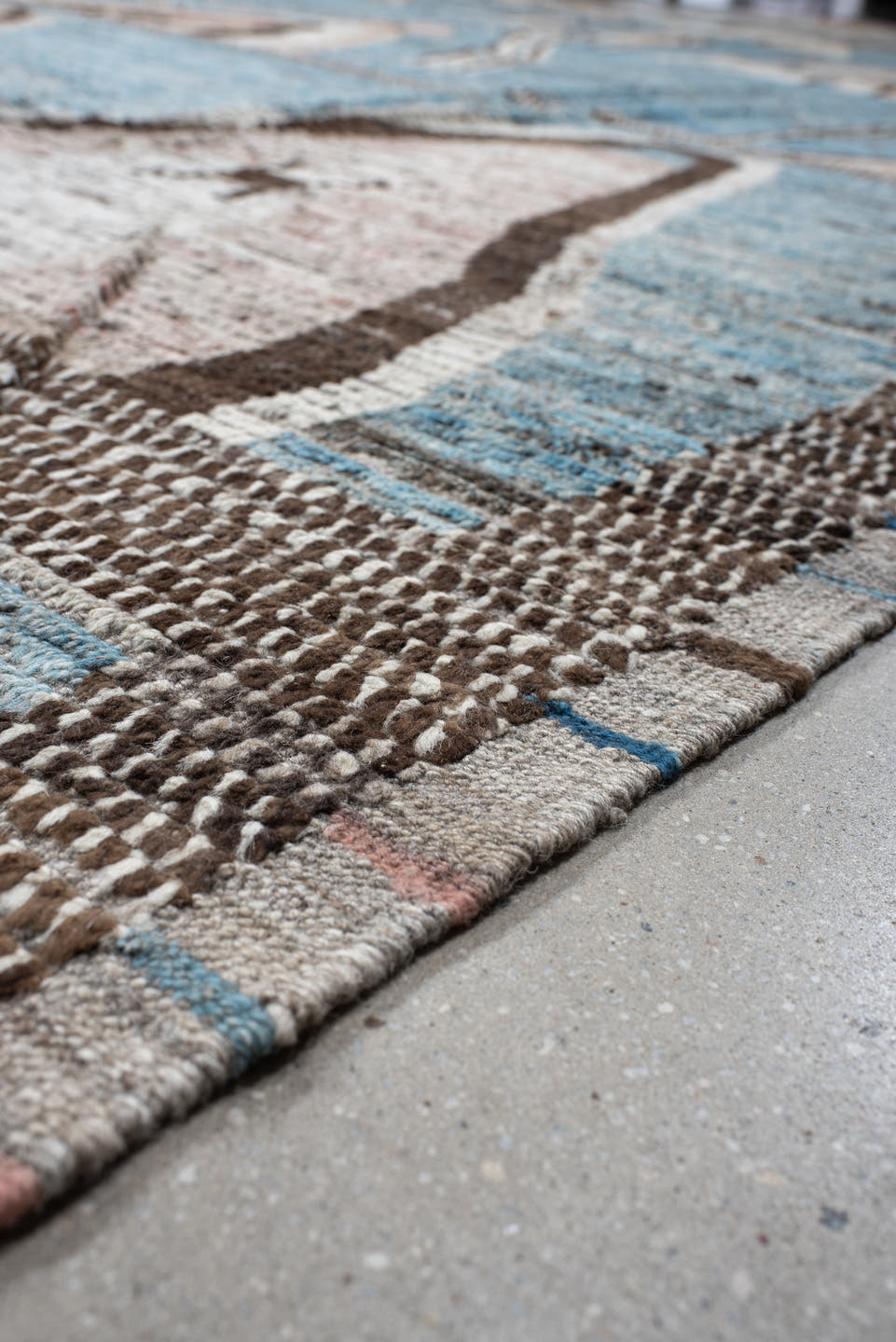 14' x 19' one-of-a-kind handmade vintage Tulu oversize rug. Color palette: sky blue, ivory, charcoal, taupe, blush