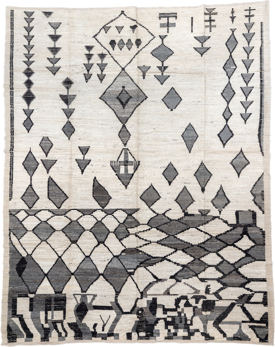13' x 17' one-of-a-kind handmade vintage Tulu oversize rug. Color palette: ivory, charcoal, gray, black