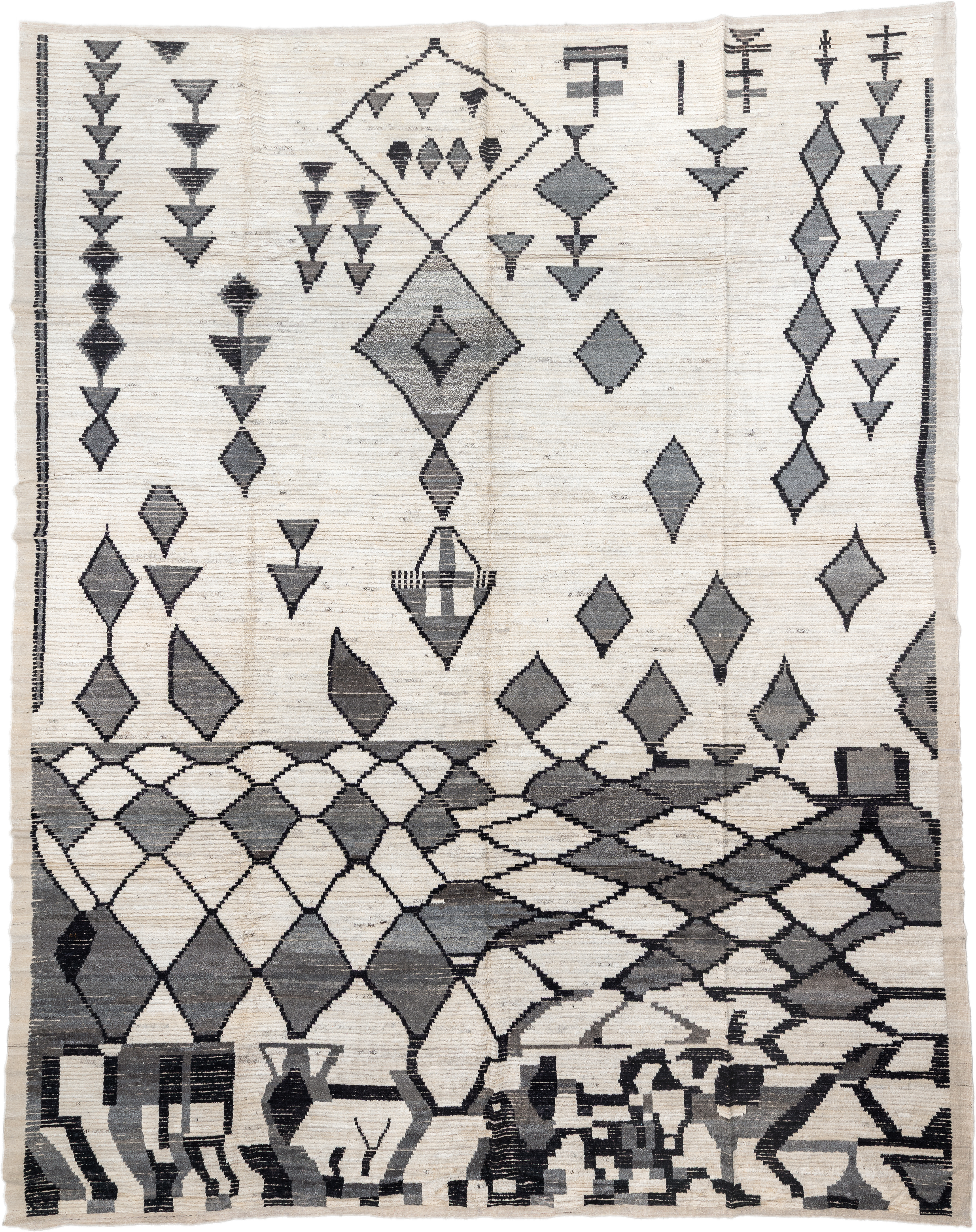 13' x 17' one-of-a-kind handmade vintage Tulu oversize rug. Color palette: ivory, charcoal, gray, black