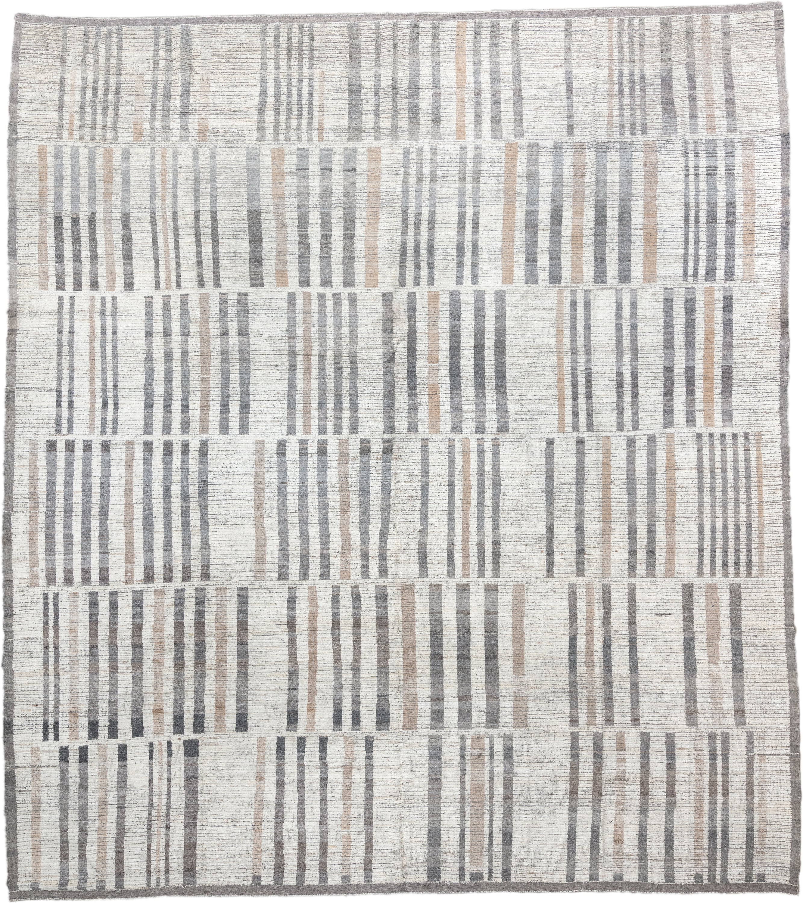 13' x 15' one-of-a-kind handmade vintage Tulu oversize rug. Color palette: ivory, gray, taupe, beige, charcoal, black