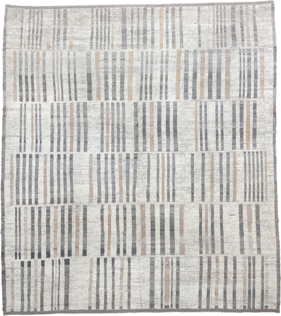 13' x 15' one-of-a-kind handmade vintage Tulu oversize rug. Color palette: ivory, gray, taupe, beige, charcoal, black