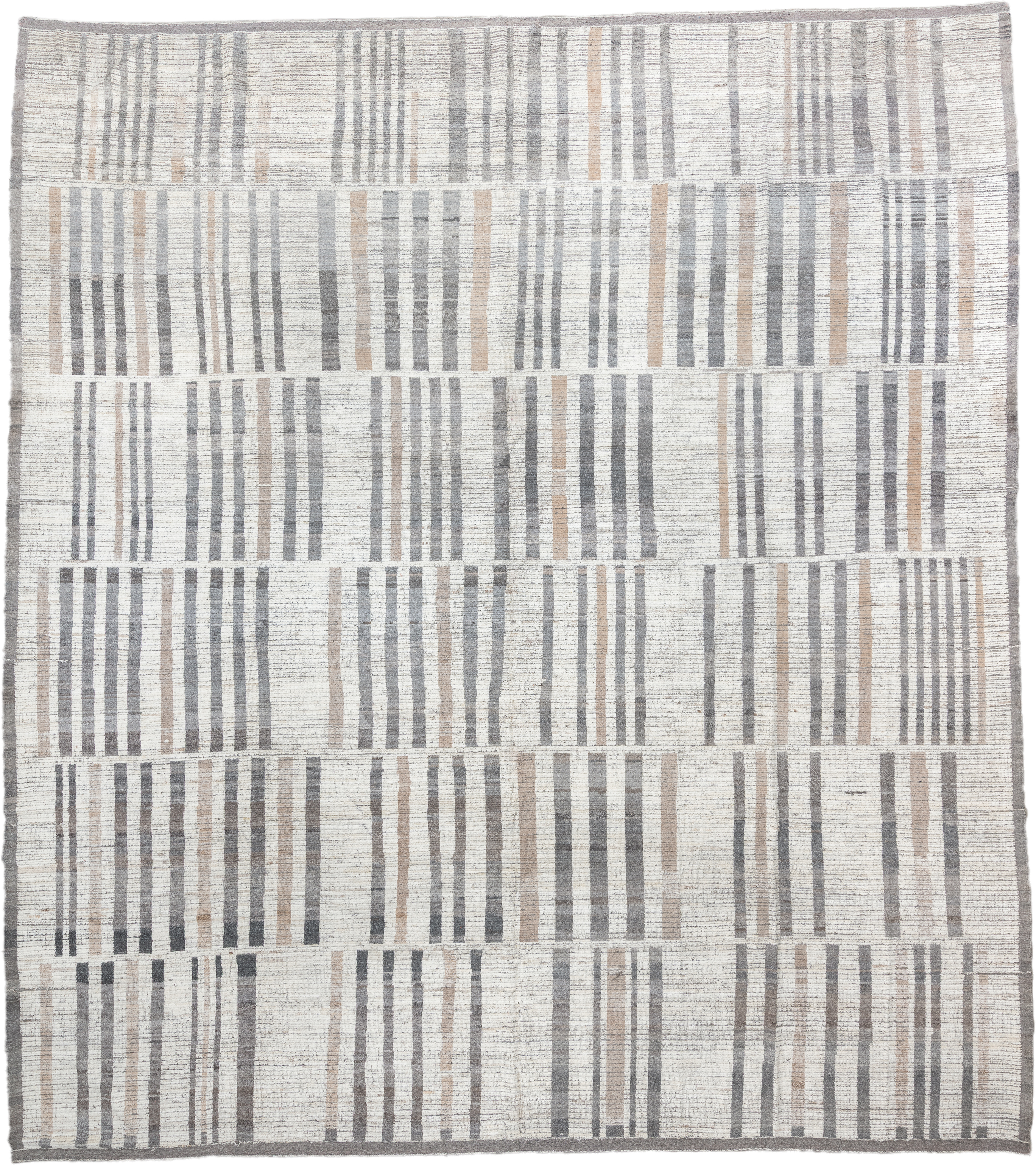 13' x 15' one-of-a-kind handmade vintage Tulu oversize rug. Color palette: ivory, gray, taupe, beige, charcoal, black