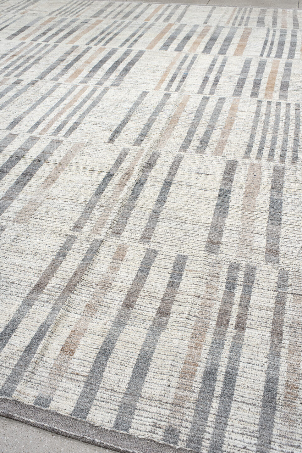 13' x 15' one-of-a-kind handmade vintage Tulu oversize rug. Color palette: ivory, gray, taupe, beige, charcoal, black