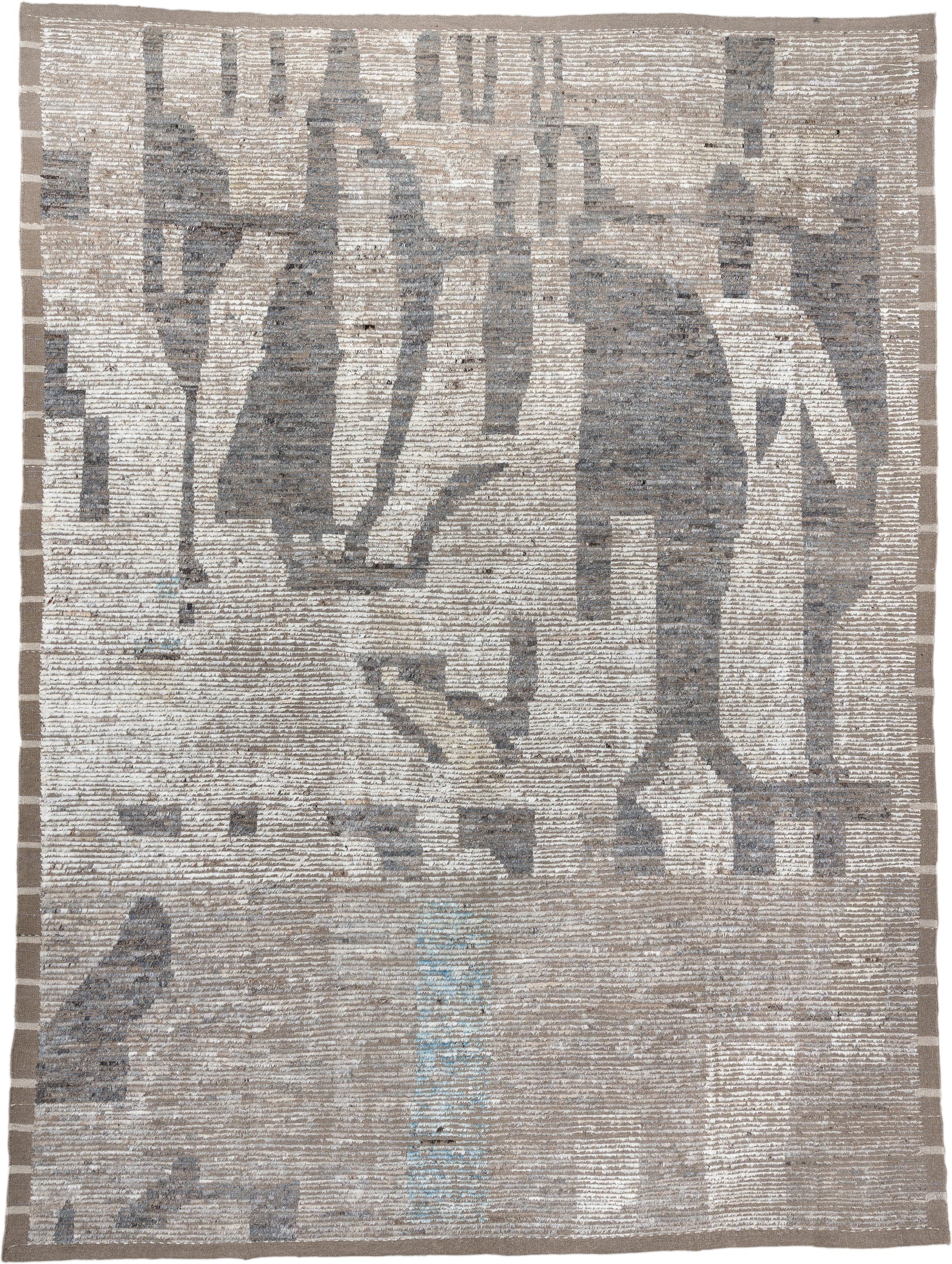 10' x 14' one-of-a-kind handmade vintage Tulu large size rug. Color palette: taupe, ivory, gray, charcoal, cream, pale blue