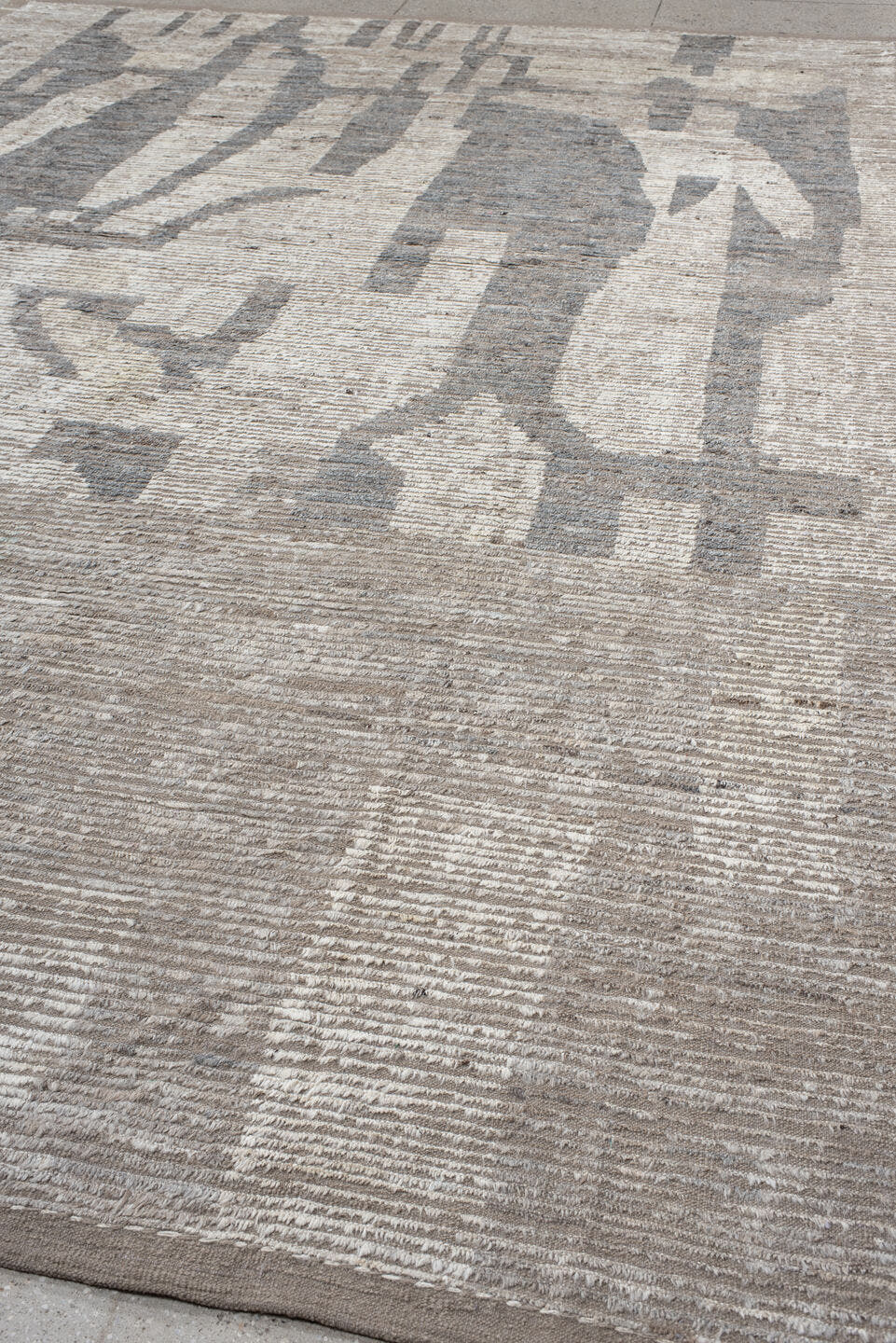 10' x 14' one-of-a-kind handmade vintage Tulu large size rug. Color palette: taupe, ivory, gray, charcoal, cream, pale blue