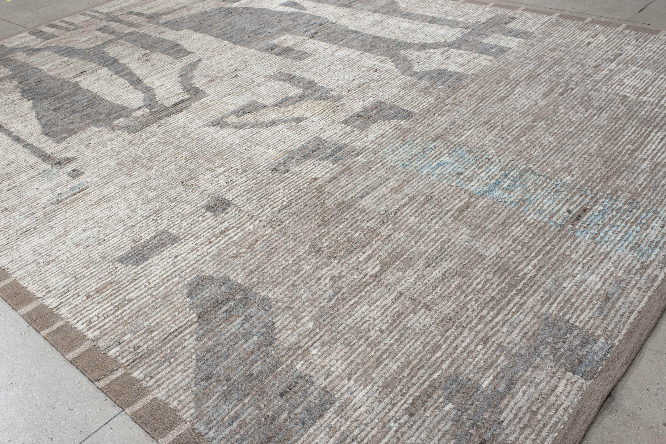 10' x 14' one-of-a-kind handmade vintage Tulu large size rug. Color palette: taupe, ivory, gray, charcoal, cream, pale blue