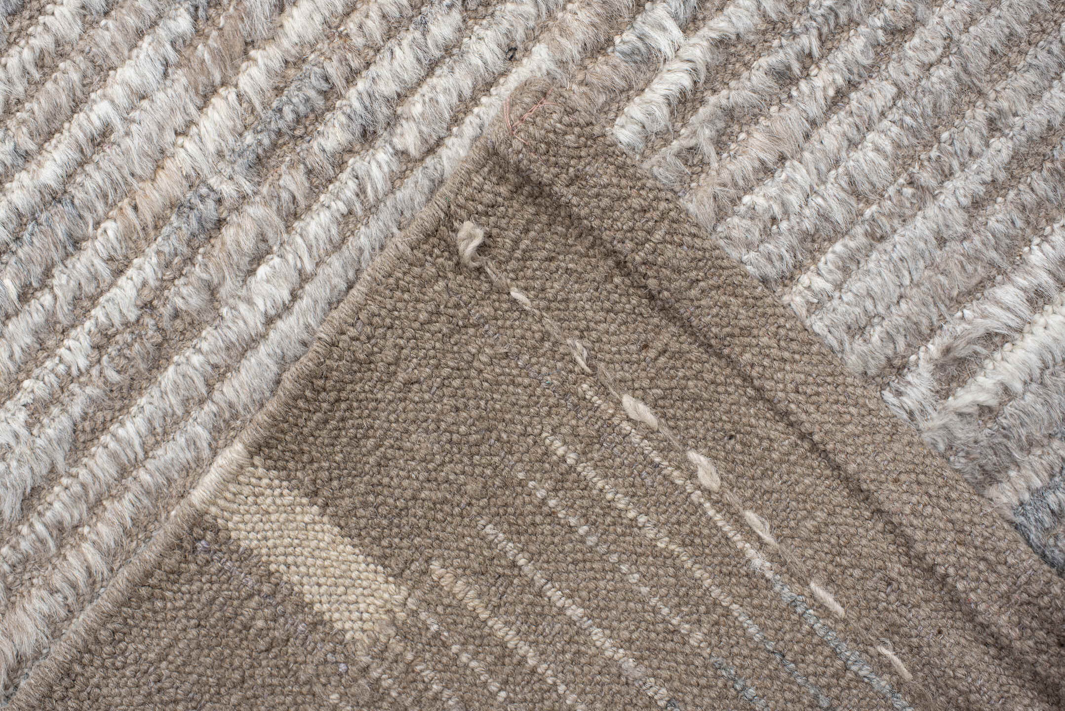 10' x 14' one-of-a-kind handmade vintage Tulu large size rug. Color palette: taupe, ivory, gray, charcoal, cream, pale blue