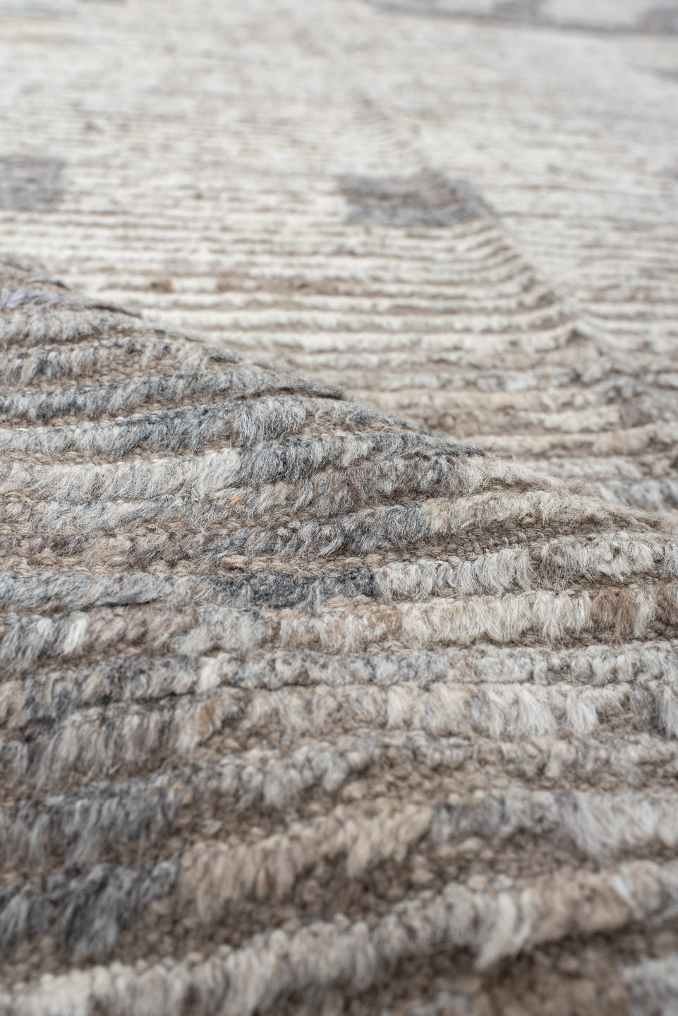 10' x 14' one-of-a-kind handmade vintage Tulu large size rug. Color palette: taupe, ivory, gray, charcoal, cream, pale blue