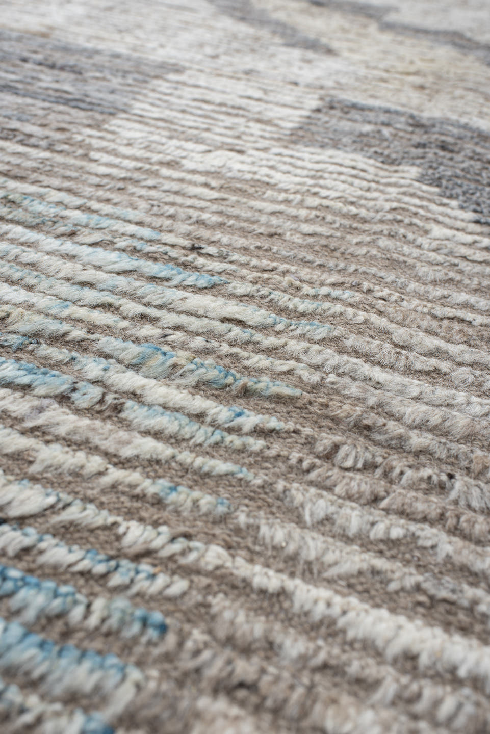 10' x 14' one-of-a-kind handmade vintage Tulu large size rug. Color palette: taupe, ivory, gray, charcoal, cream, pale blue