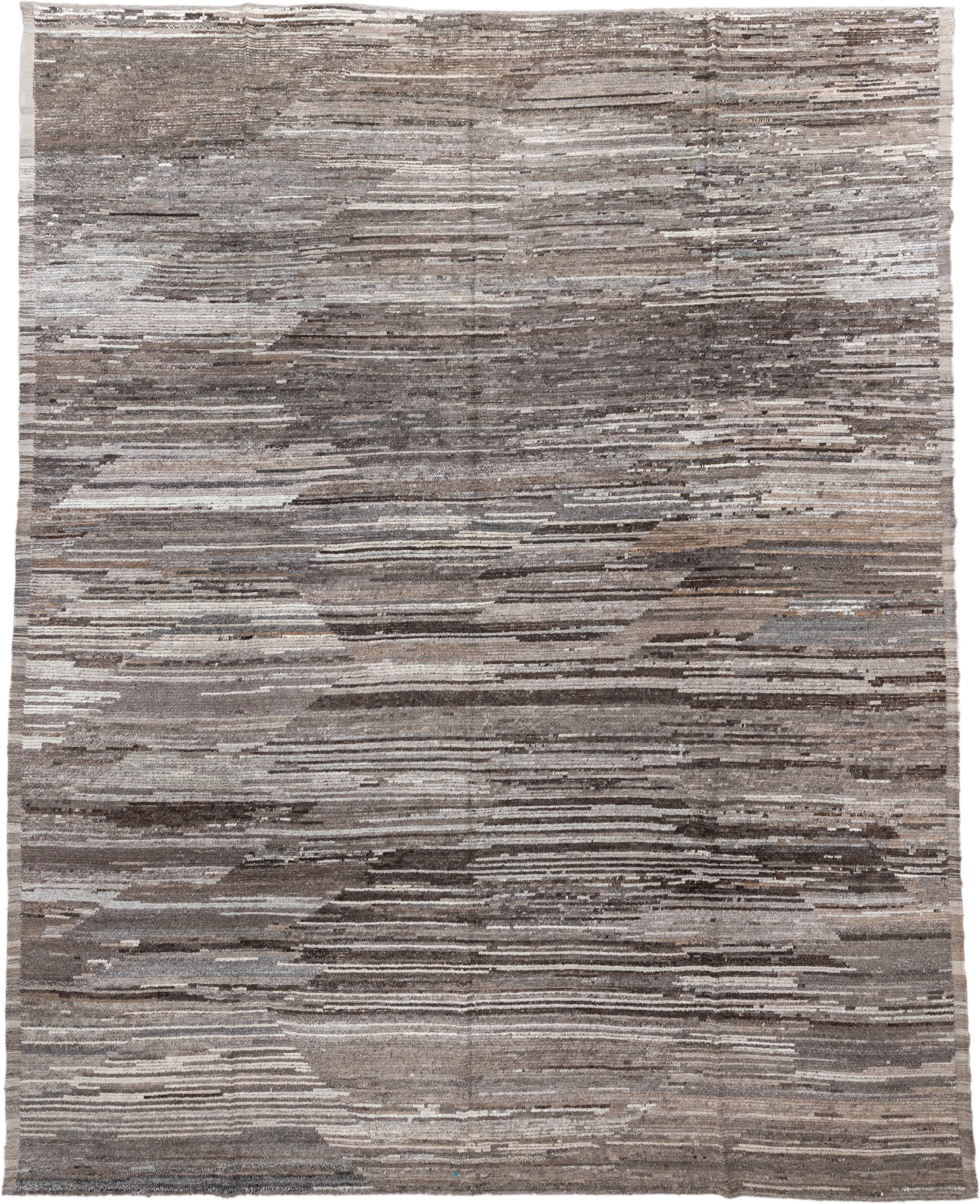 12' x 15' one-of-a-kind handmade vintage Tulu oversize rug. Color palette: taupe, ivory, gray, charcoal, greige, stone