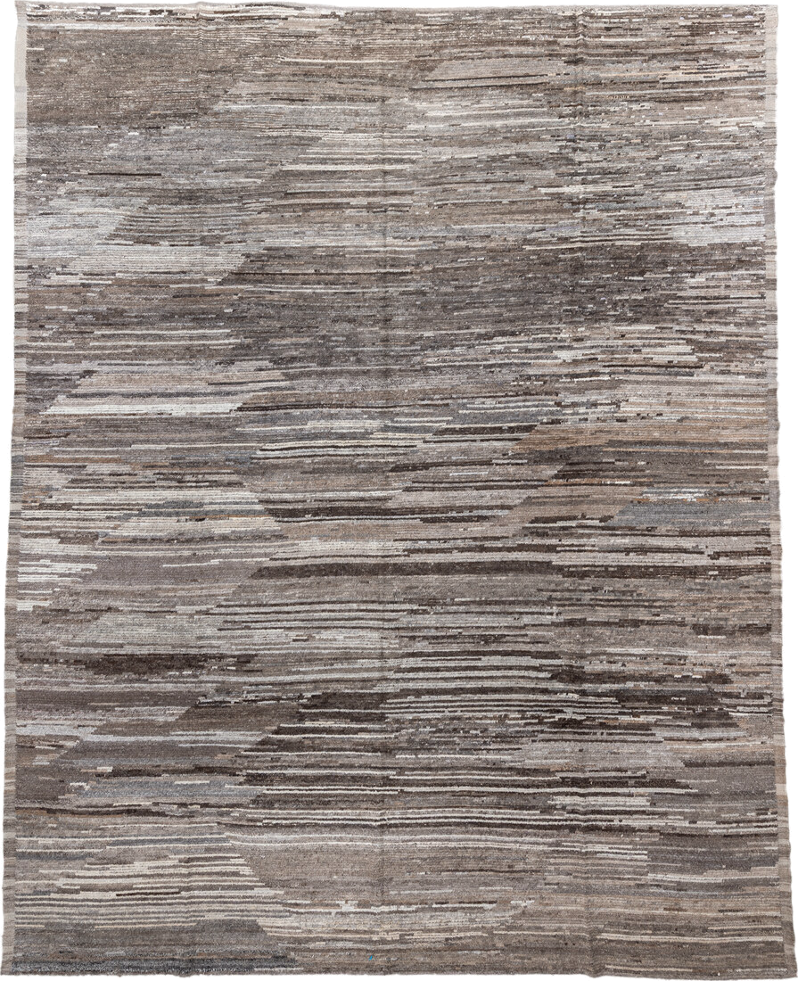 12' x 15' one-of-a-kind handmade vintage Tulu oversize rug. Color palette: taupe, ivory, gray, charcoal, greige, stone