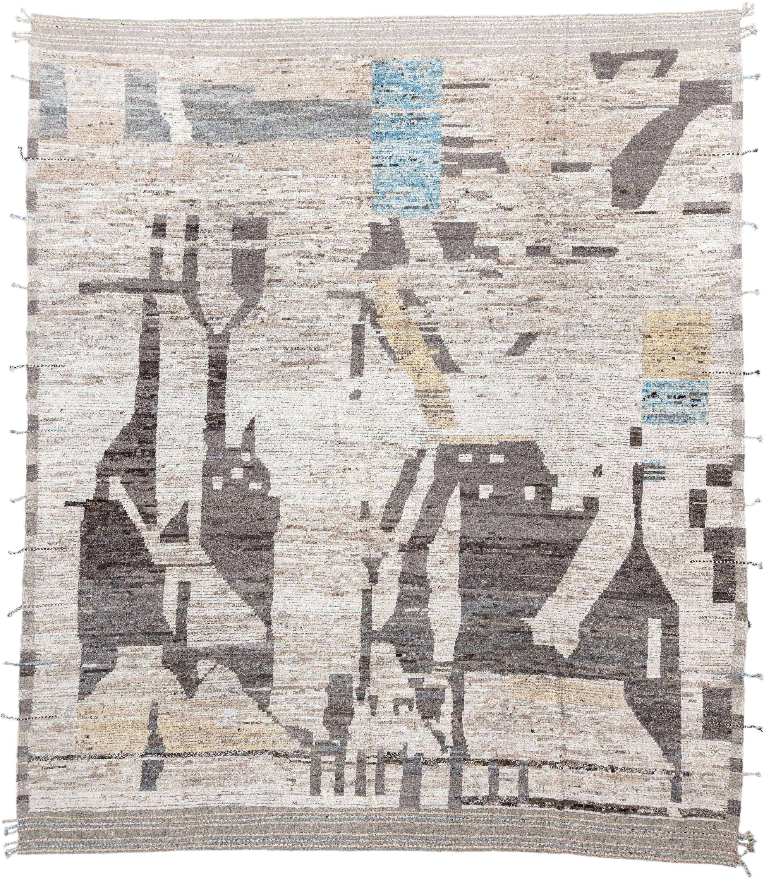 13' x 15' one-of-a-kind handmade vintage Tulu oversize rug. Color palette: ivory, taupe, charcoal, sky_blue, pale_gold, gray