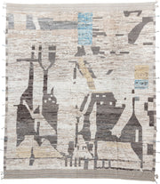 13' x 15' one-of-a-kind handmade vintage Tulu oversize rug. Color palette: ivory, taupe, charcoal, sky_blue, pale_gold, gray