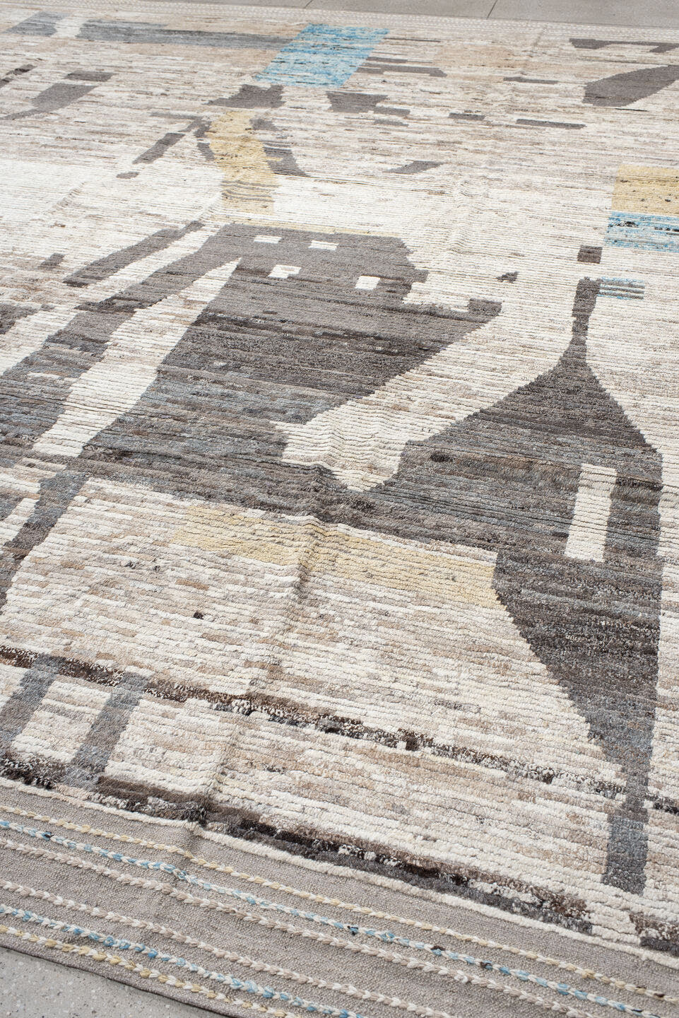 13' x 15' one-of-a-kind handmade vintage Tulu oversize rug. Color palette: ivory, taupe, charcoal, sky_blue, pale_gold, gray