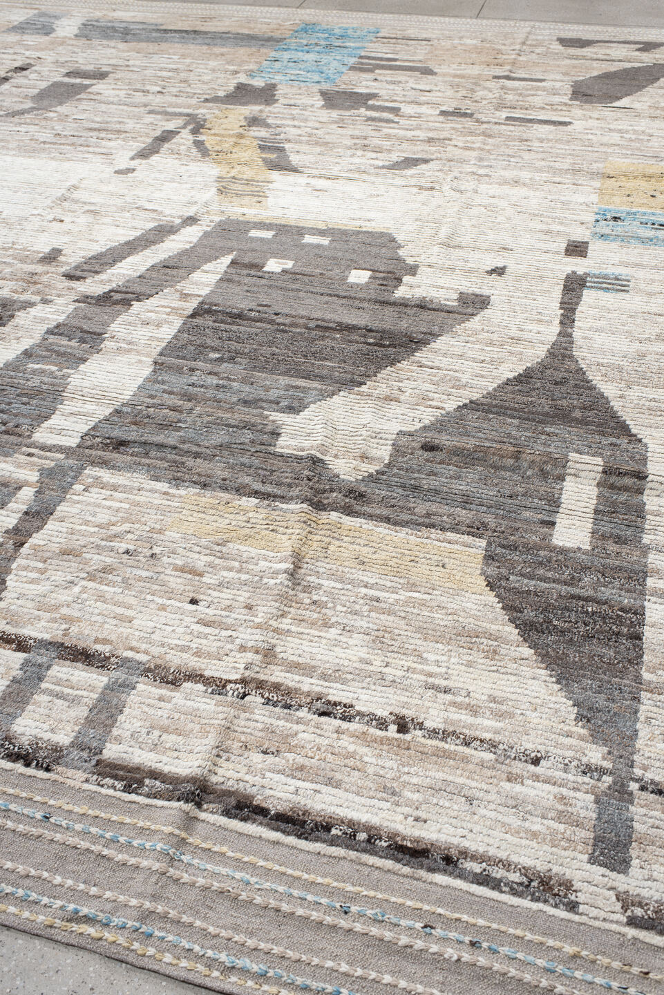 13' x 15' one-of-a-kind handmade vintage Tulu oversize rug. Color palette: ivory, taupe, charcoal, sky_blue, pale_gold, gray