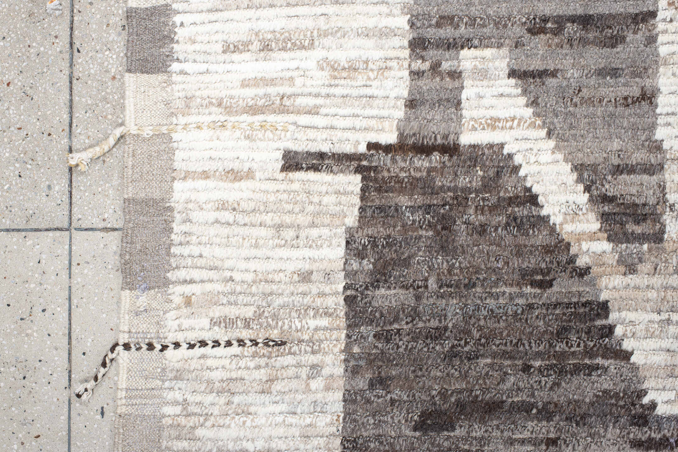 13' x 15' one-of-a-kind handmade vintage Tulu oversize rug. Color palette: ivory, taupe, charcoal, sky_blue, pale_gold, gray