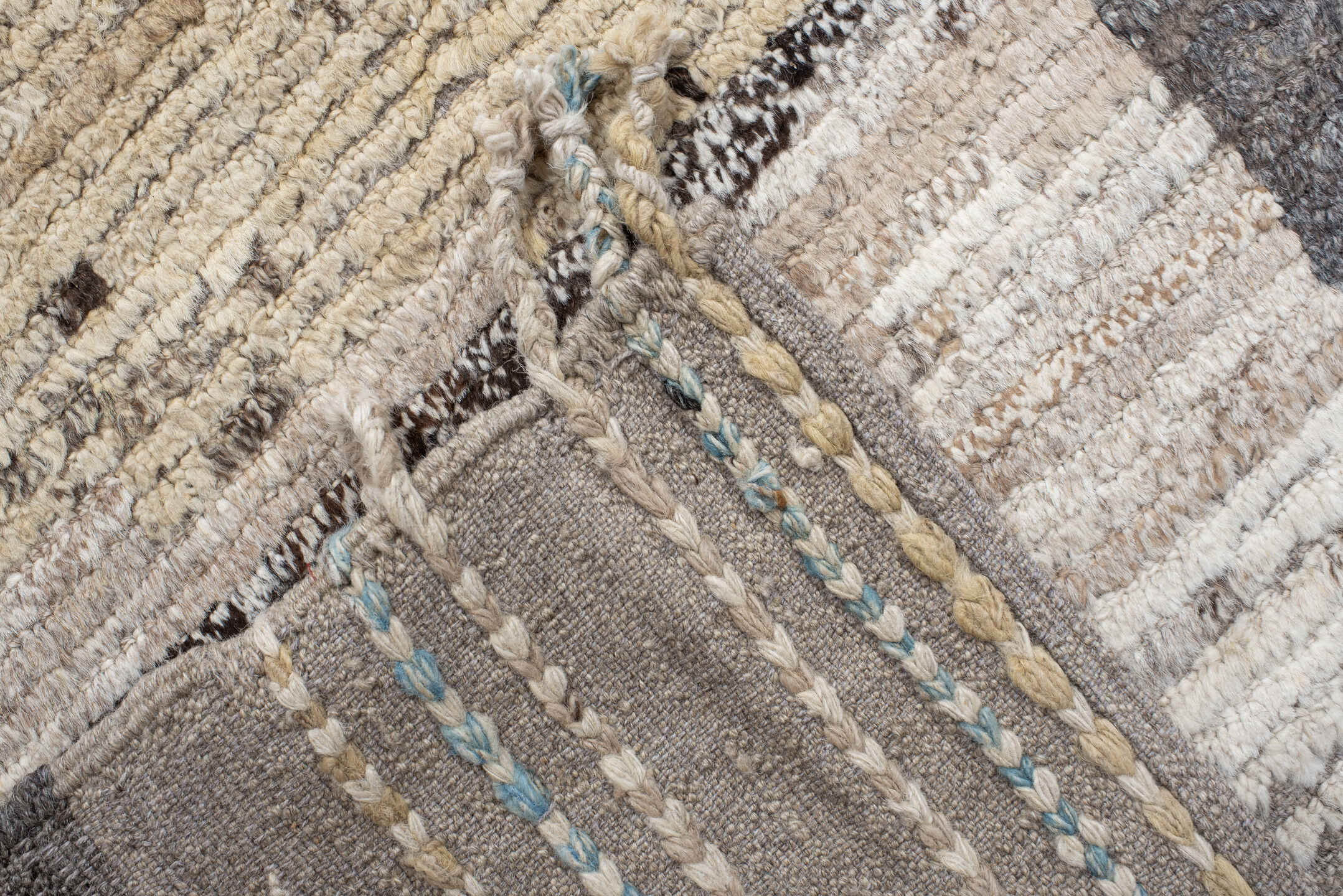 13' x 15' one-of-a-kind handmade vintage Tulu oversize rug. Color palette: ivory, taupe, charcoal, sky_blue, pale_gold, gray
