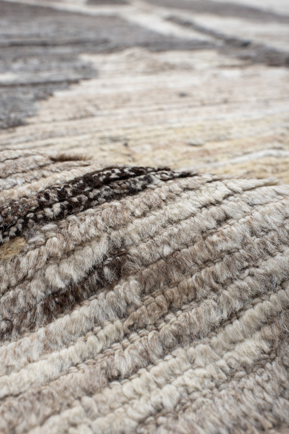 13' x 15' one-of-a-kind handmade vintage Tulu oversize rug. Color palette: ivory, taupe, charcoal, sky_blue, pale_gold, gray