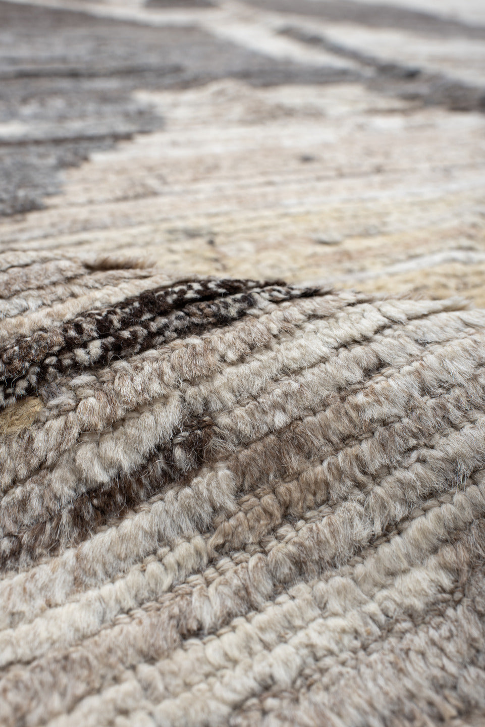 13' x 15' one-of-a-kind handmade vintage Tulu oversize rug. Color palette: ivory, taupe, charcoal, sky_blue, pale_gold, gray