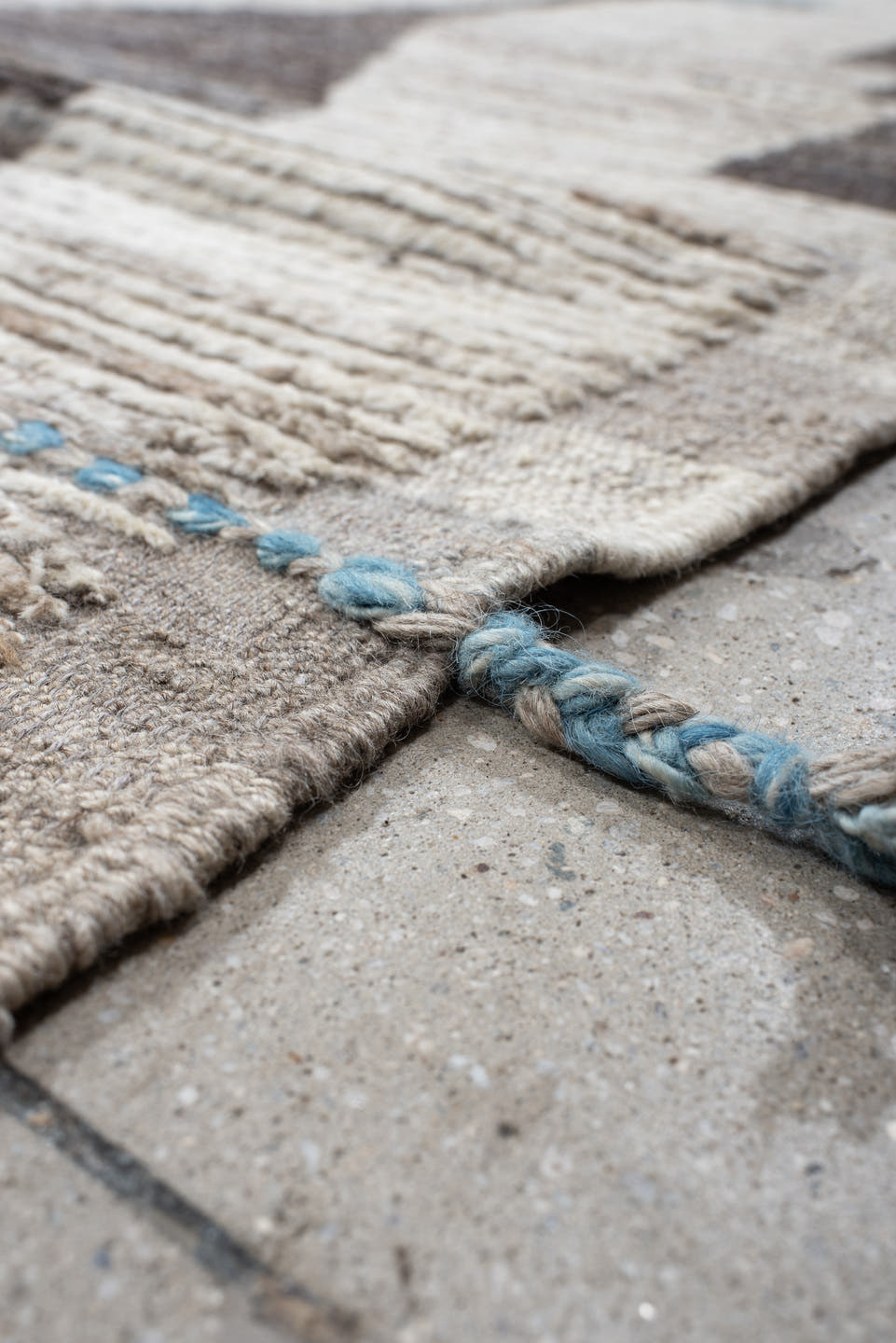 13' x 15' one-of-a-kind handmade vintage Tulu oversize rug. Color palette: ivory, taupe, charcoal, sky_blue, pale_gold, gray