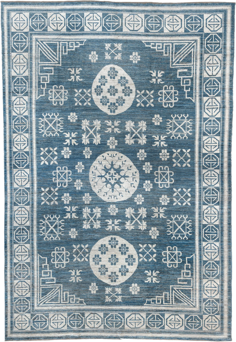 9' x 14' one-of-a-kind handmade vintage Oushak large size rug. Color palette: blue, ivory, slate, cream, gray