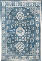 9' x 14' one-of-a-kind handmade vintage Oushak large size rug. Color palette: blue, ivory, slate, cream, gray