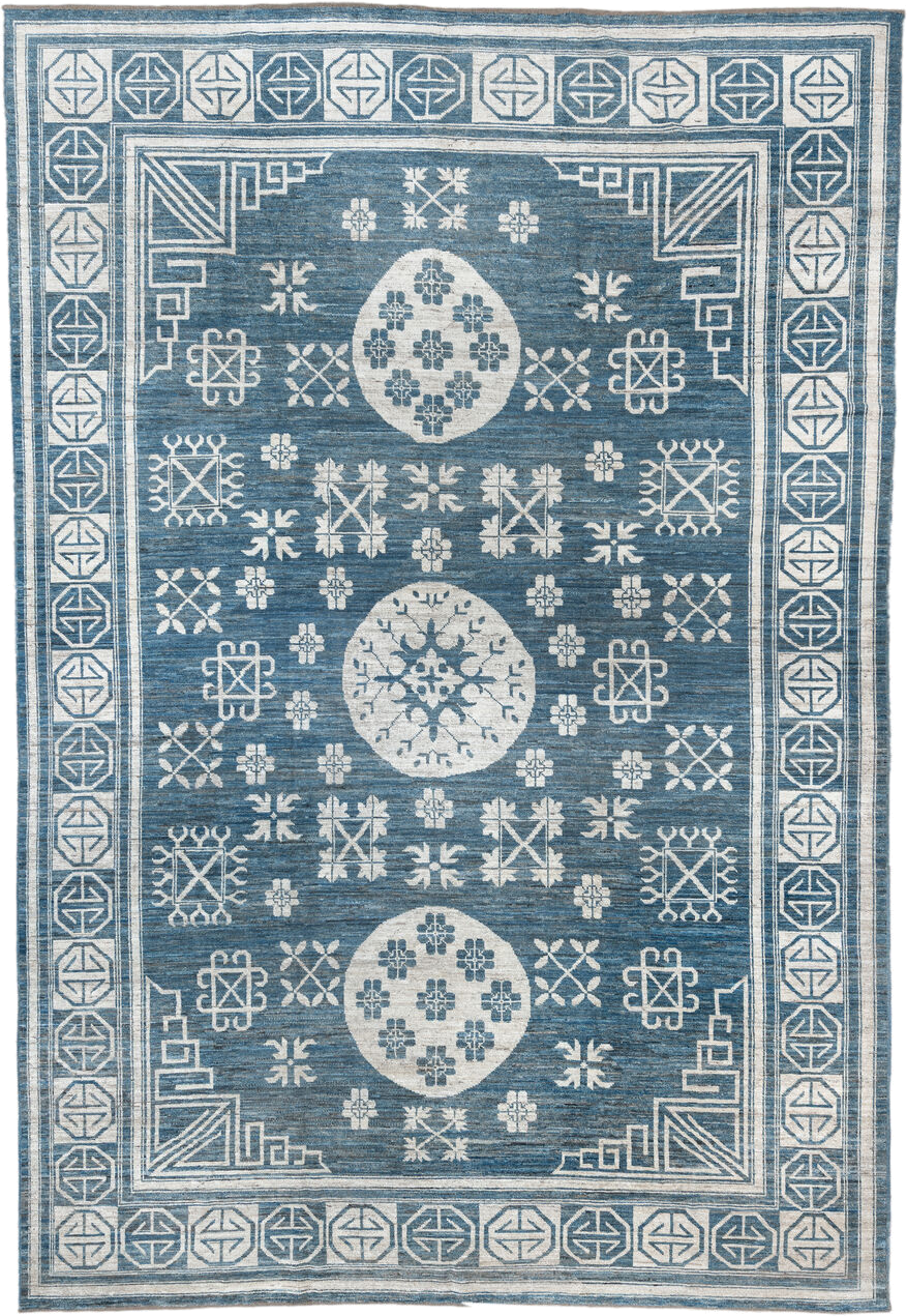 9' x 14' one-of-a-kind handmade vintage Oushak large size rug. Color palette: blue, ivory, slate, cream, gray