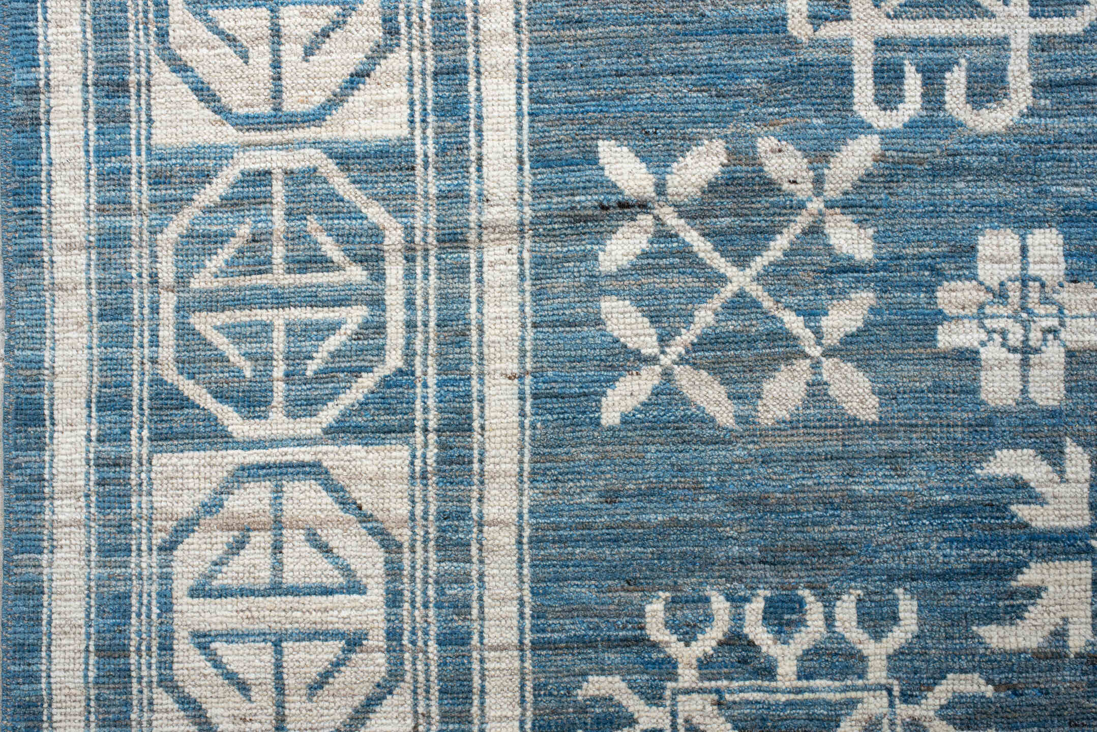 9' x 14' one-of-a-kind handmade vintage Oushak large size rug. Color palette: blue, ivory, slate, cream, gray