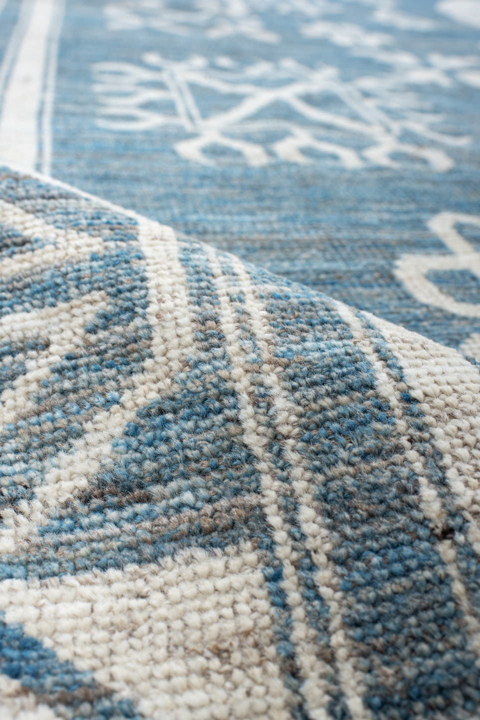 9' x 14' one-of-a-kind handmade vintage Oushak large size rug. Color palette: blue, ivory, slate, cream, gray