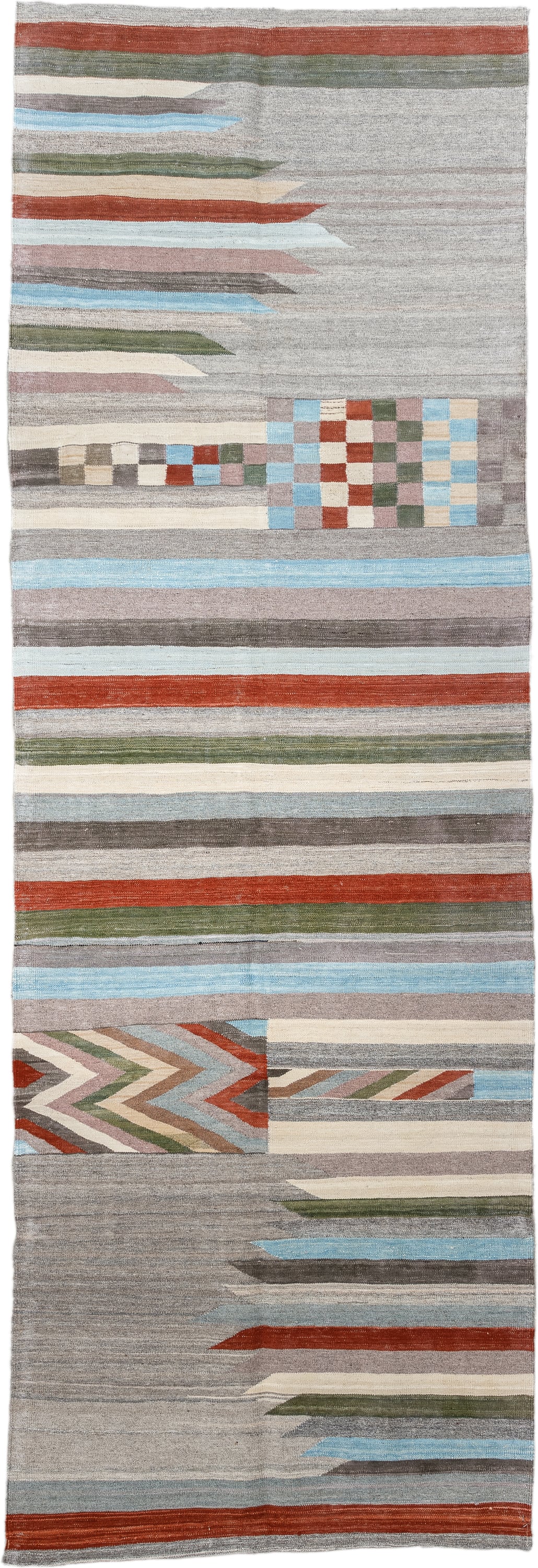 3' x 9' one-of-a-kind handmade vintage Kilim runner rug. Color palette: gray, ivory, rust, pale blue, olive, taupe, charcoal